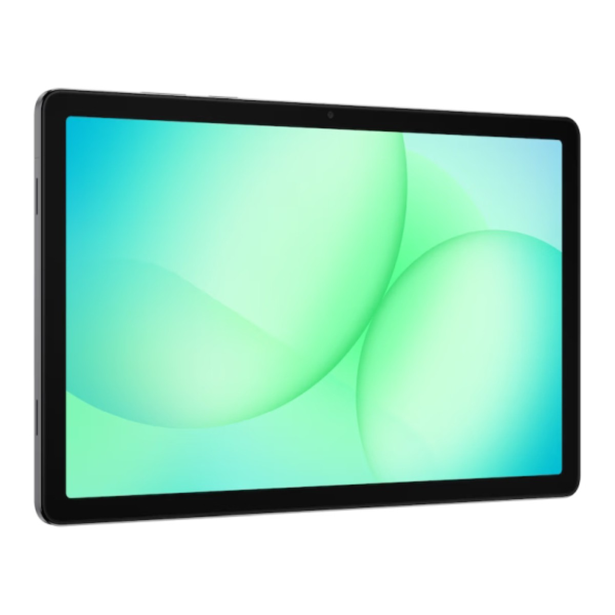 Czarny tablet z niebiesko-zieloną tapetą przypominającą bańki.