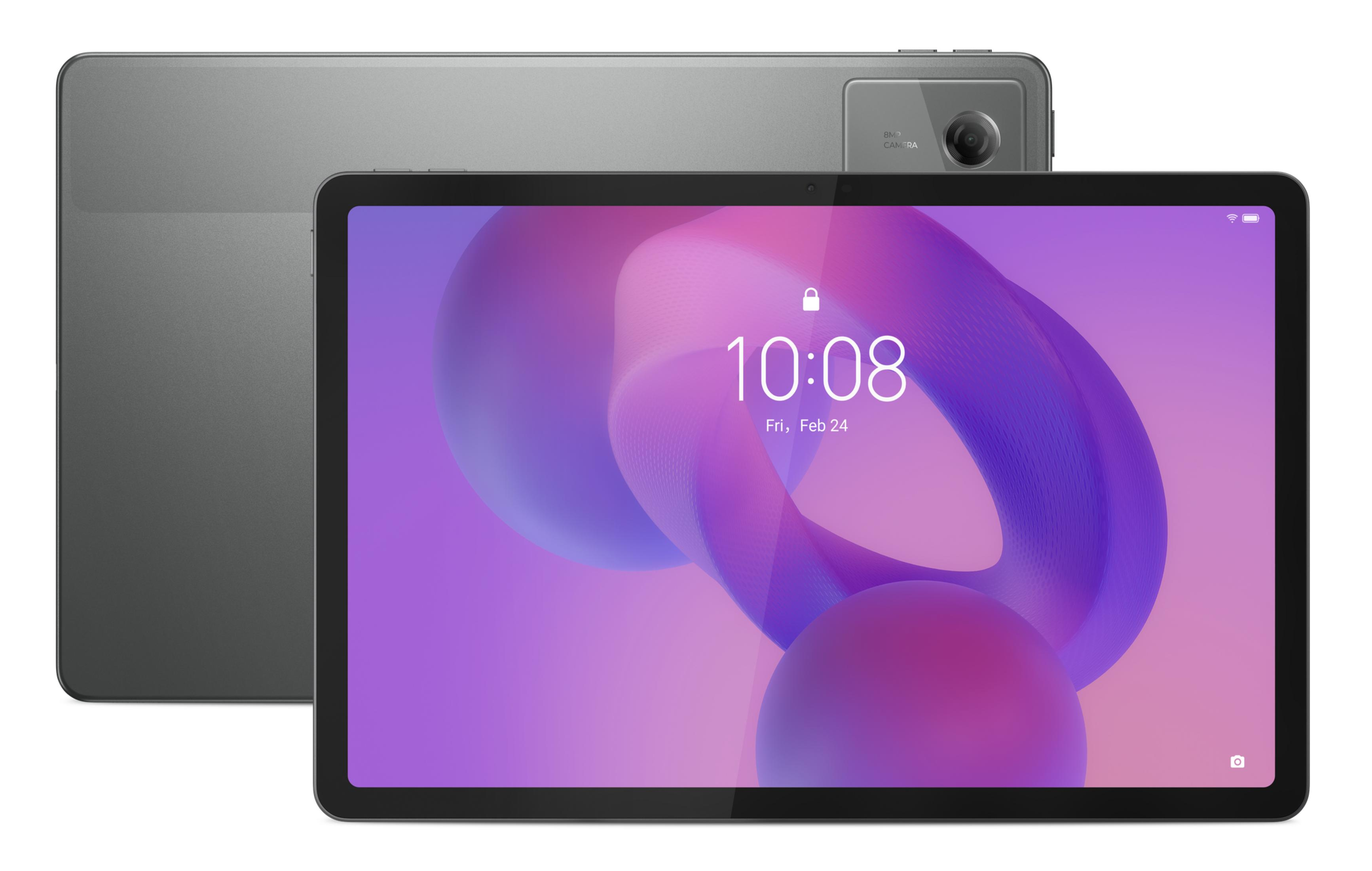 Un tablet grigio con schermo viola astratto e vista posteriore. Ora e data mostrate.