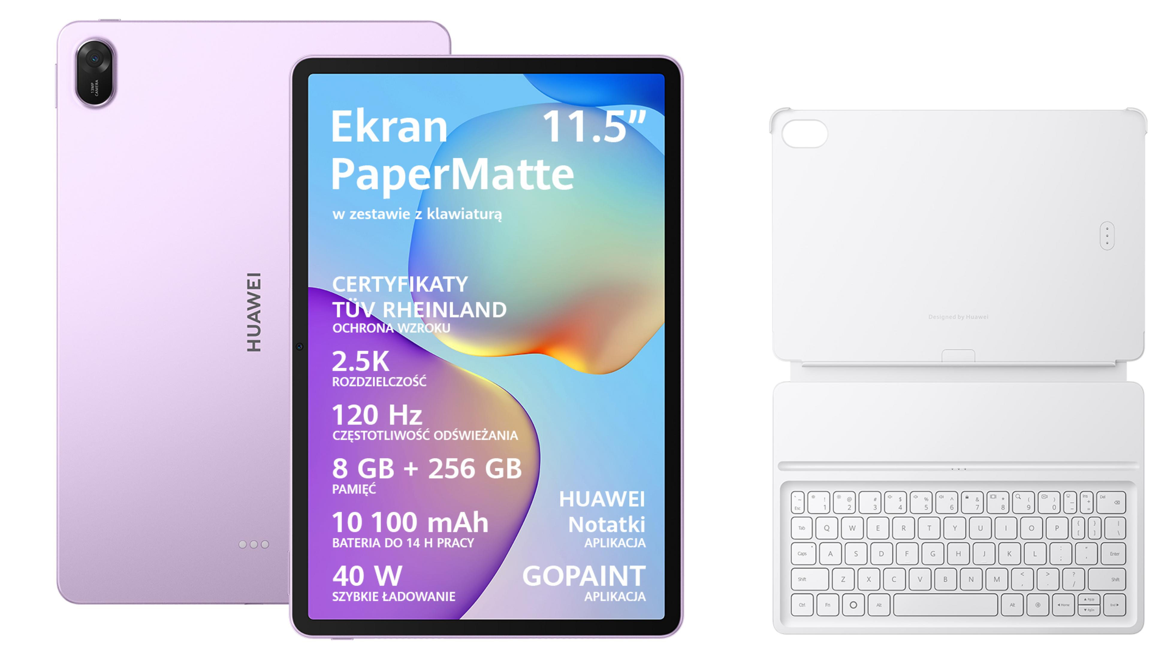 Fioletowy tablet Huawei z ekranem 11,5 cala i białą klawiaturą.