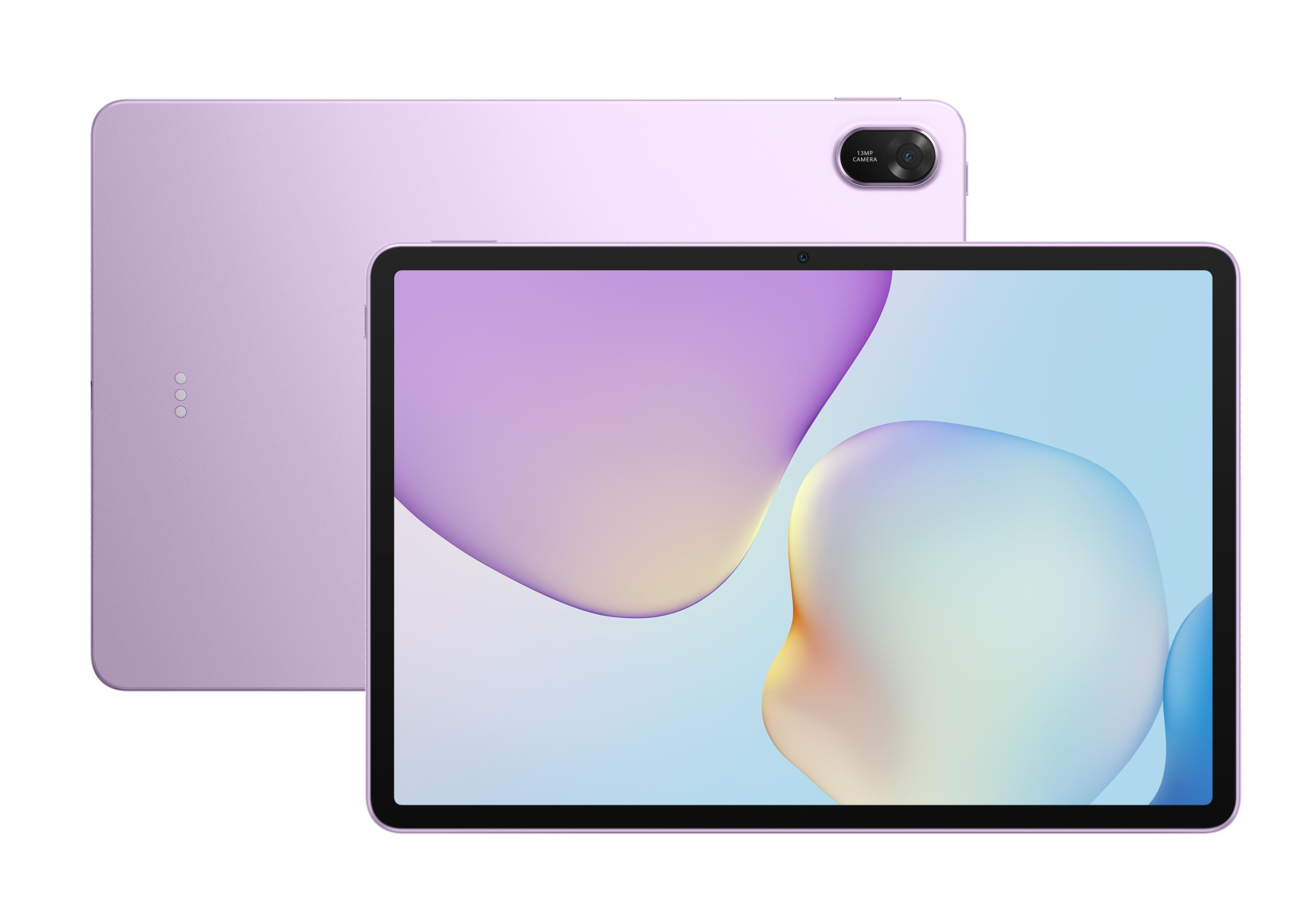Un tablet viola che mostra il retro con tre puntini e lo schermo anteriore.