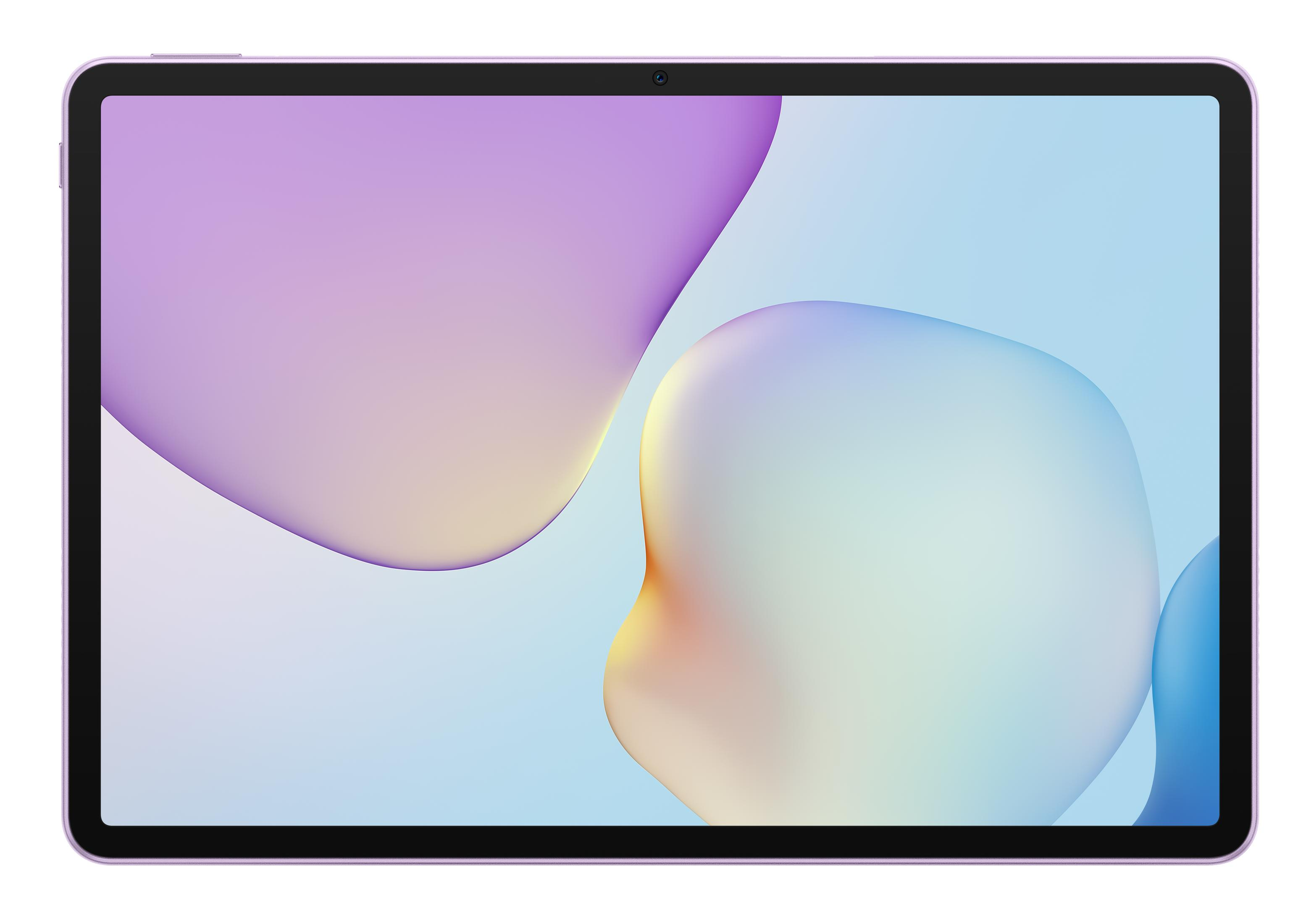 Tablet viola con grafica astratta e fluida sullo schermo.