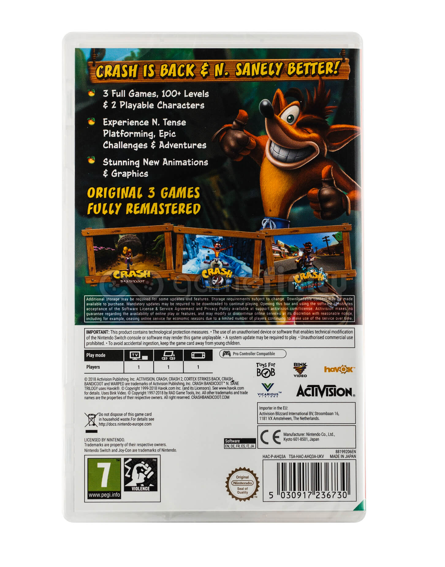 Confezione del gioco Crash Bandicoot N. Sane Trilogy con Crash, testo e loghi.