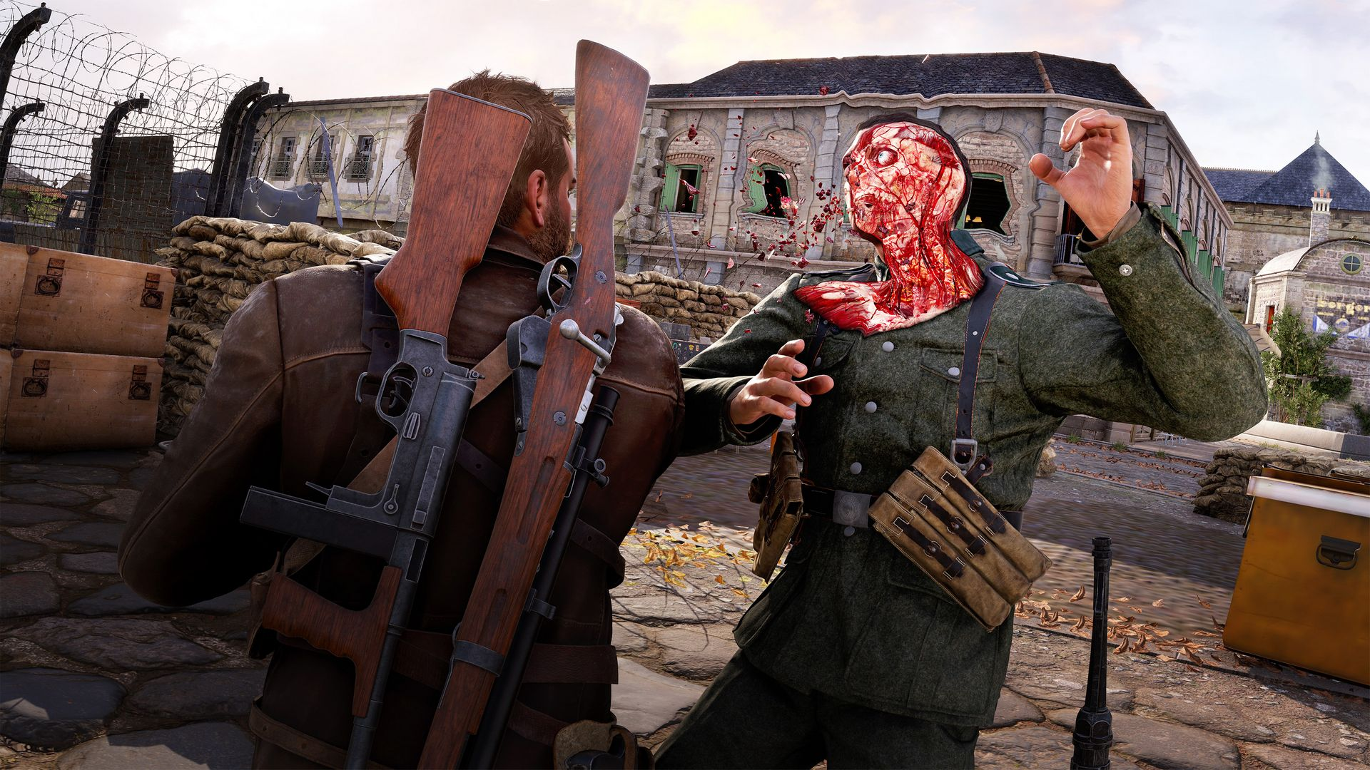 Mężczyzna z karabinem konfrontuje krwawego żołnierza zombie przed zrujnowanymi budynkami.