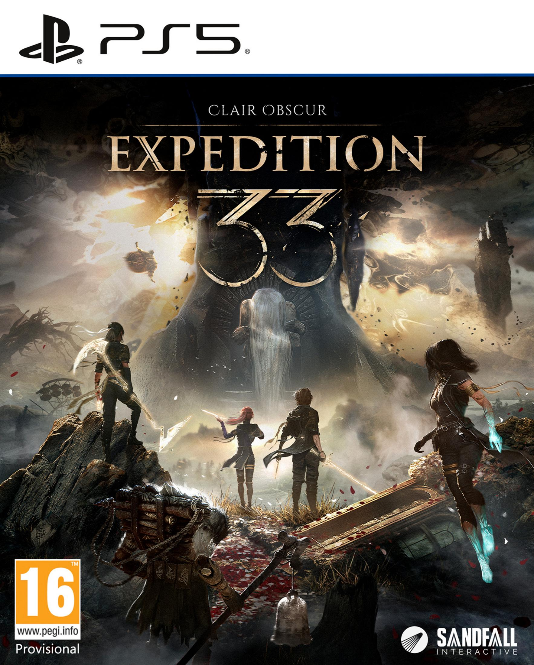 Quattro figure su rocce davanti a un volto gigante. Logo PS5 in alto.