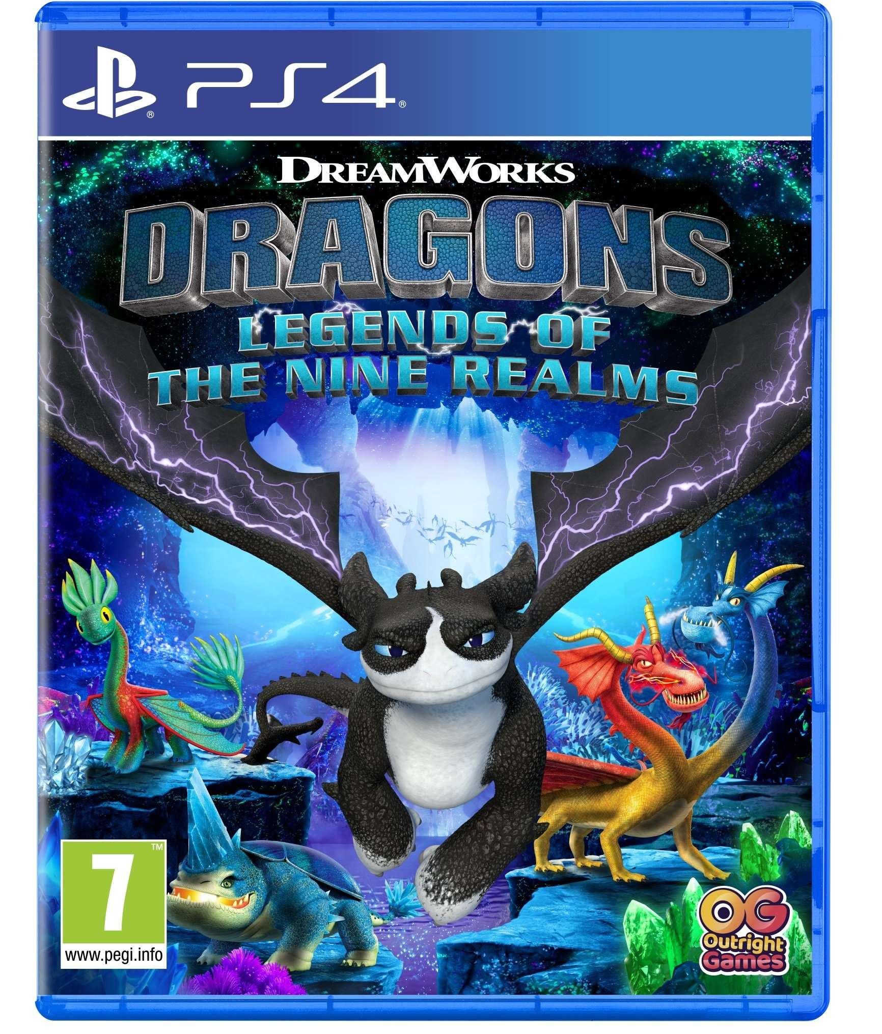 Okładka gry PS4: Dragons Legends of the Nine Realms ze smokami i logo PS4.