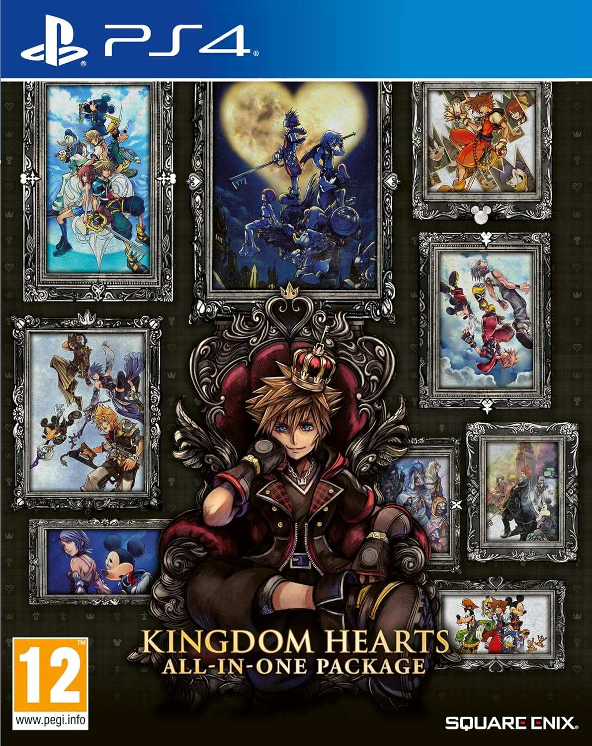 Sora siede su un trono, circondato da opere incorniciate di Kingdom Hearts e logo PS4.