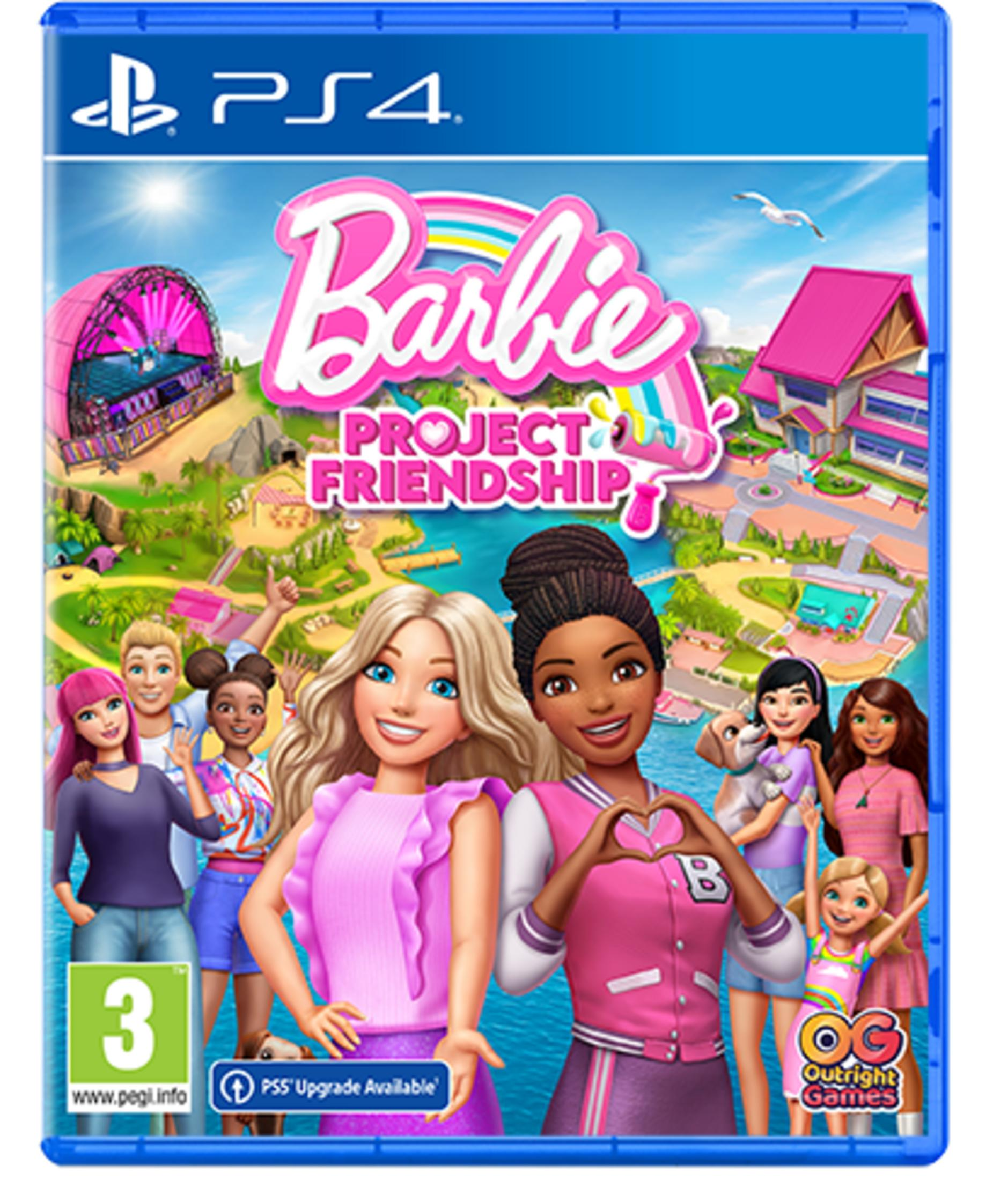 Okładka gry Barbie Project Friendship PS4 z Barbie i przyjaciółkami w kolorowym krajobrazie.