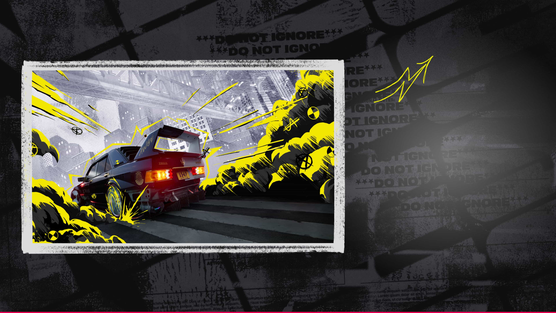 Czarny samochód pędzi przez stylizowane miasto z żółtymi chmurami dymu.