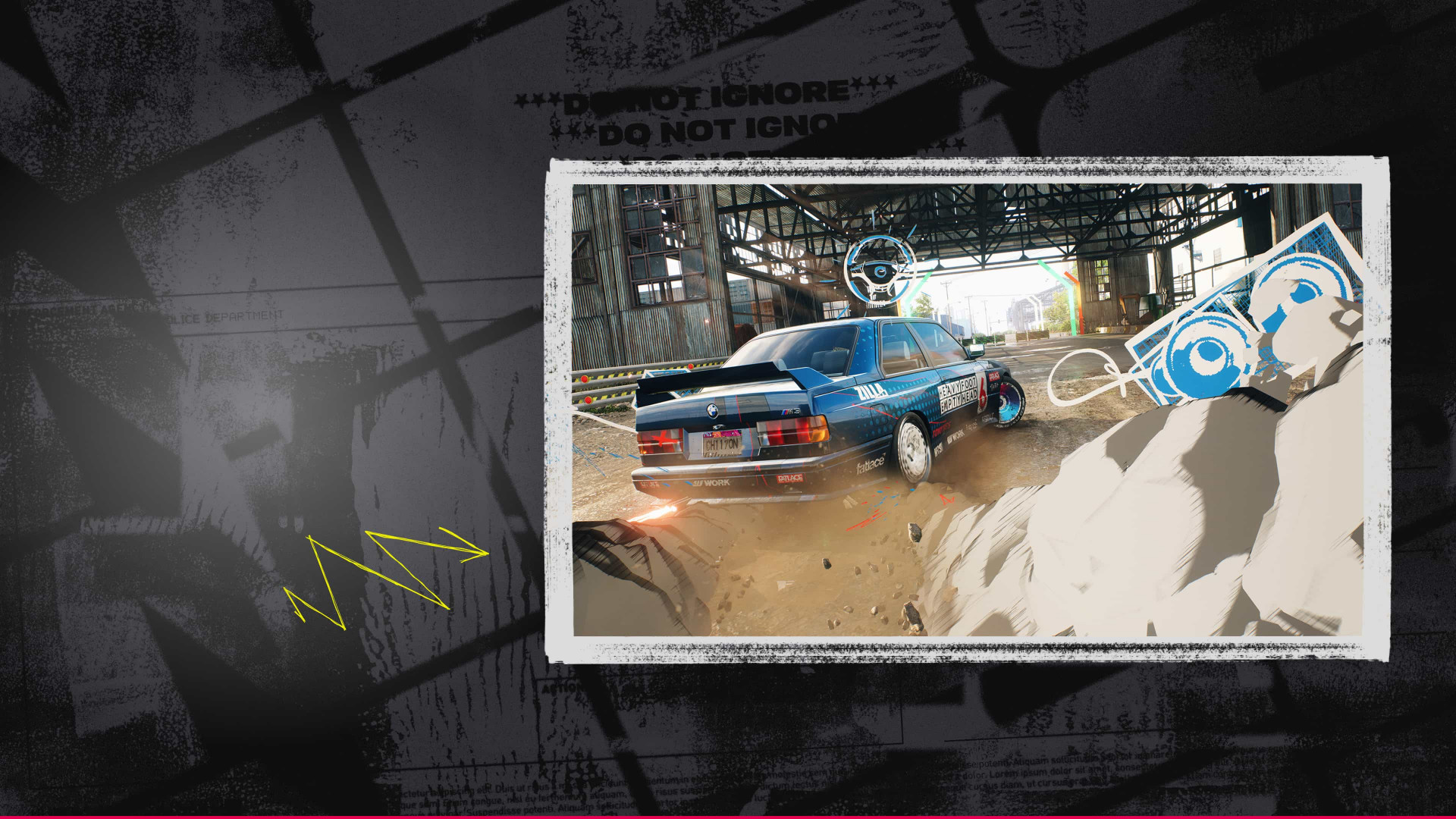 Niebieskie BMW driftuje na torze szutrowym w garażu.