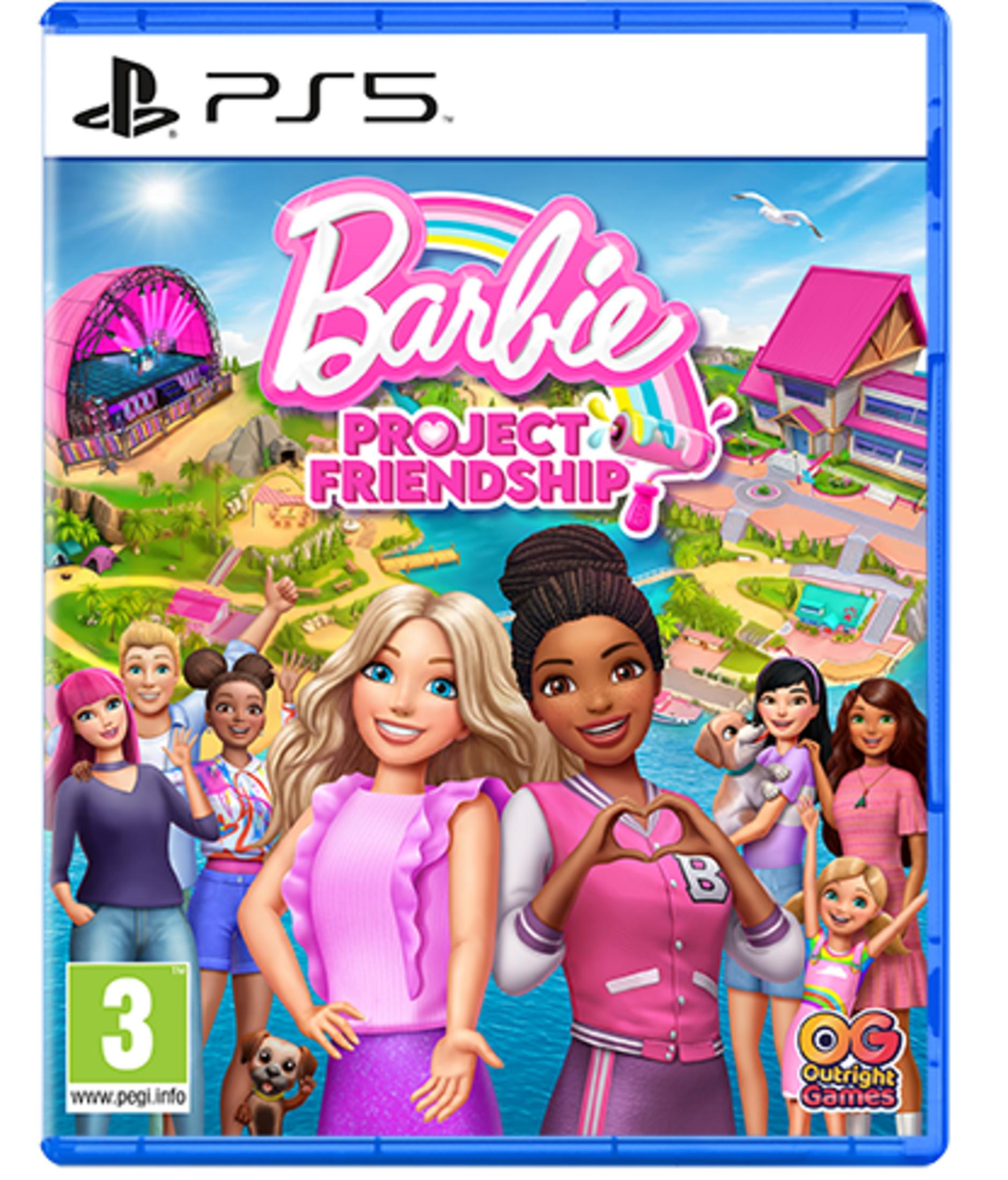 Copertina gioco PS5 Barbie Project Friendship con personaggi, arcobaleno ed edifici.