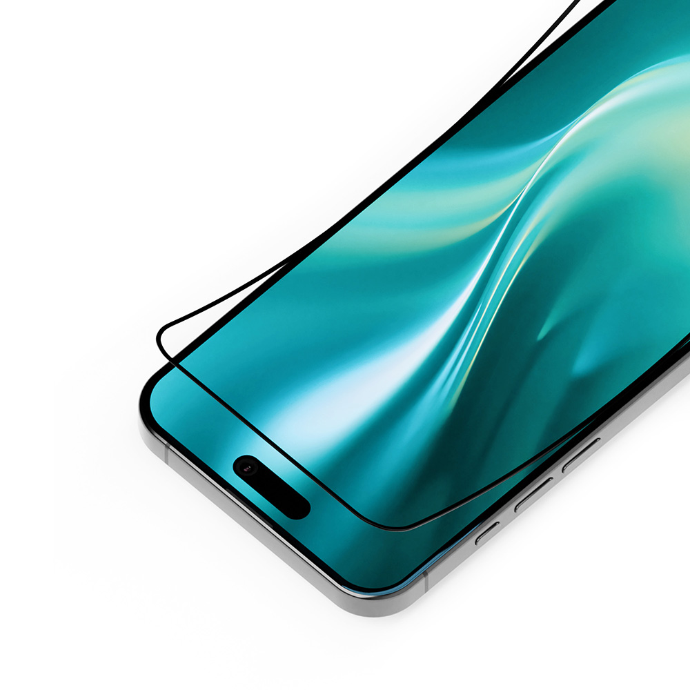Primo piano di uno smartphone moderno con cornice argentata e sfondo blu-verde.