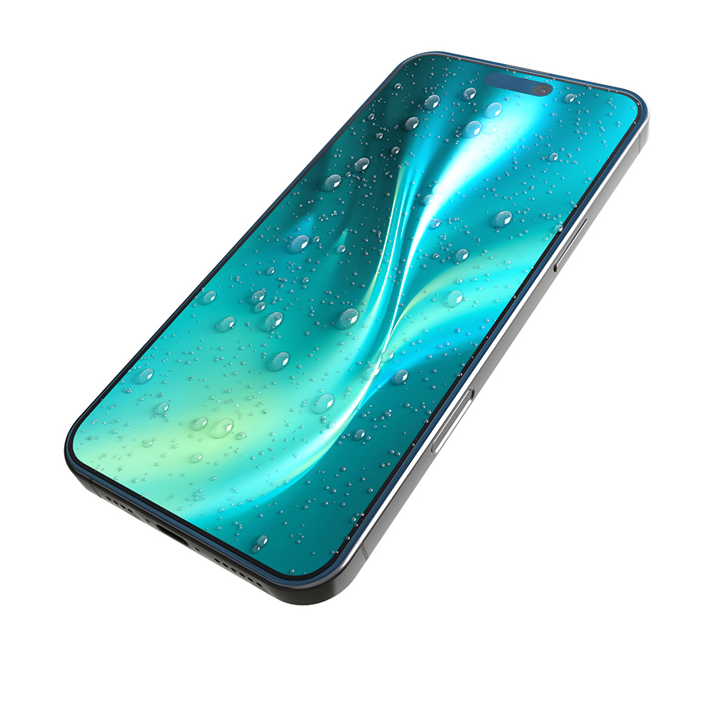 Uno smartphone con gocce d'acqua sullo schermo, isolato su sfondo bianco.