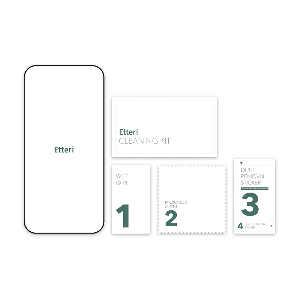 Un kit di pulizia Etteri con contorno telefono, salviettina umidificata, panno microfibra.