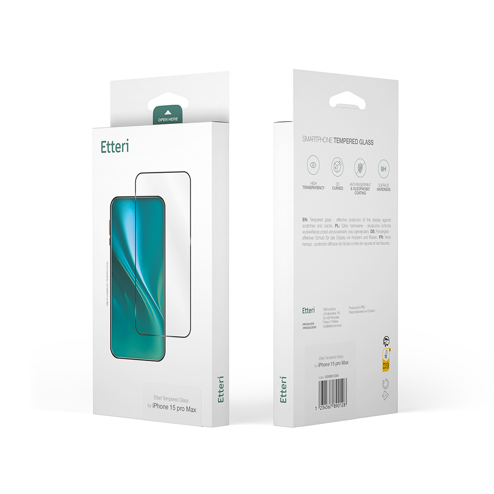 Confezione per vetro temperato iPhone 15 Pro Max con immagine.