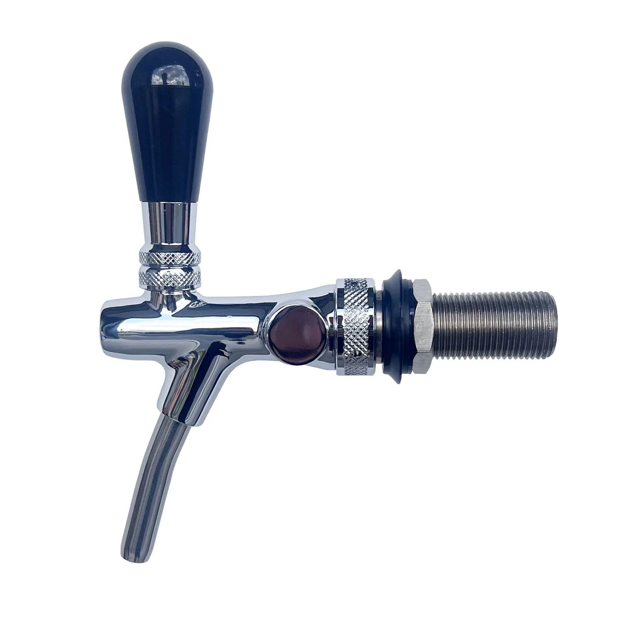 Chroom bierkraan met donker handvat en een ronde rode knop.