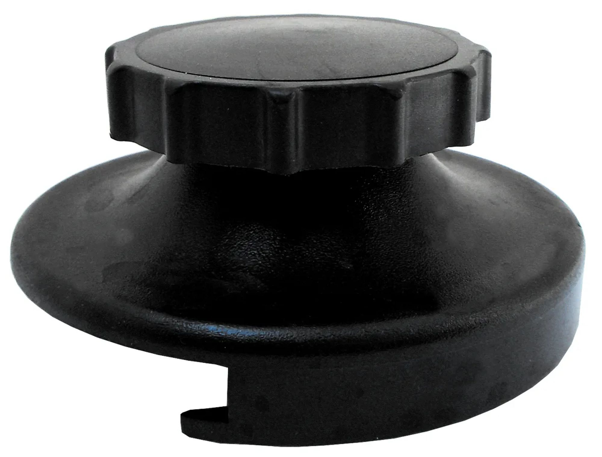 Una manopola in plastica nera con bordo zigrinato e corpo conico.