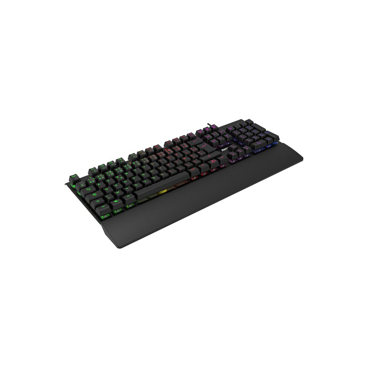 Schwarze Tastatur mit RGB-Beleuchtung und Handballenauflage auf weißem Hintergrund.