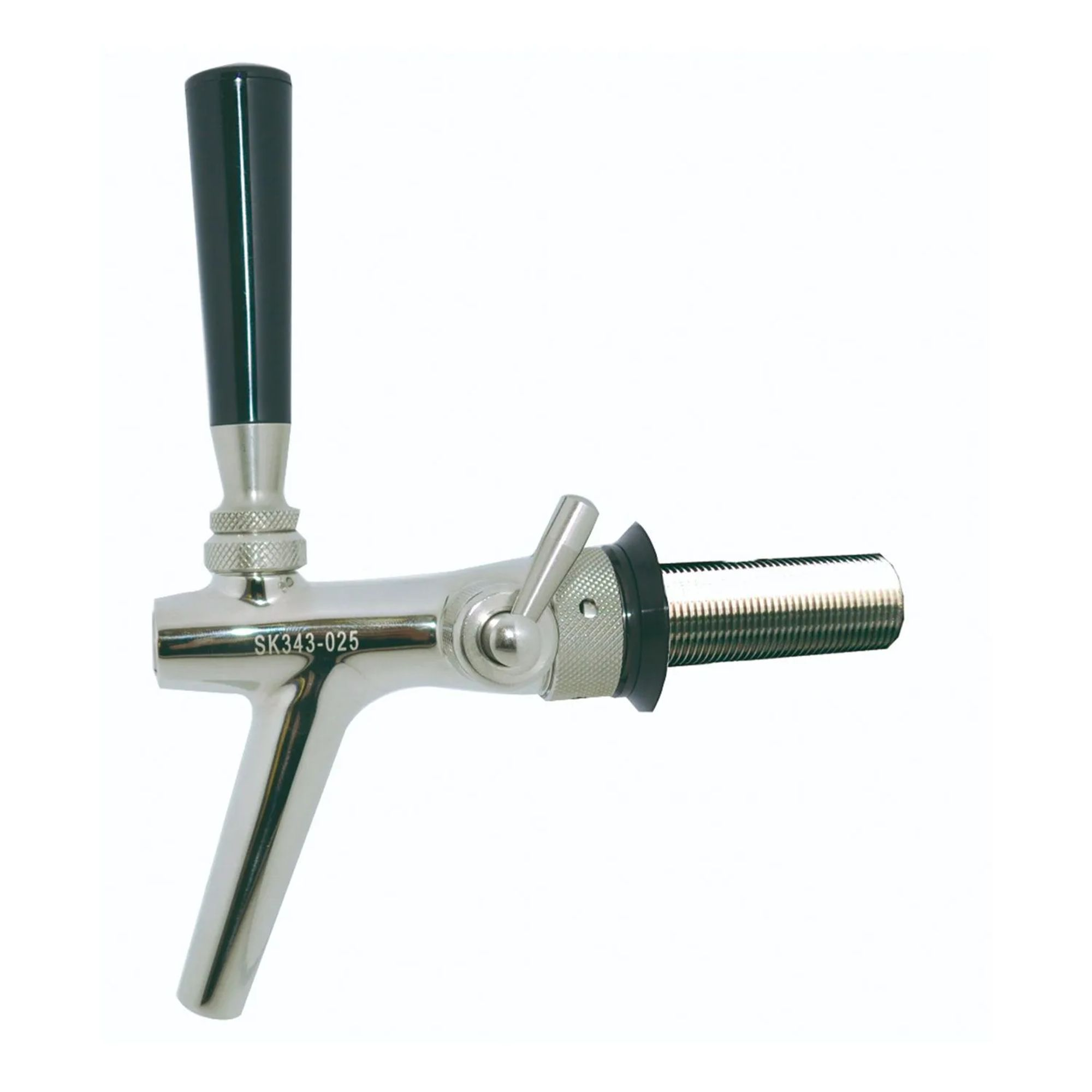 Een glimmende biertap met zwart handvat en schroefdraad. SKU: SK343-025.