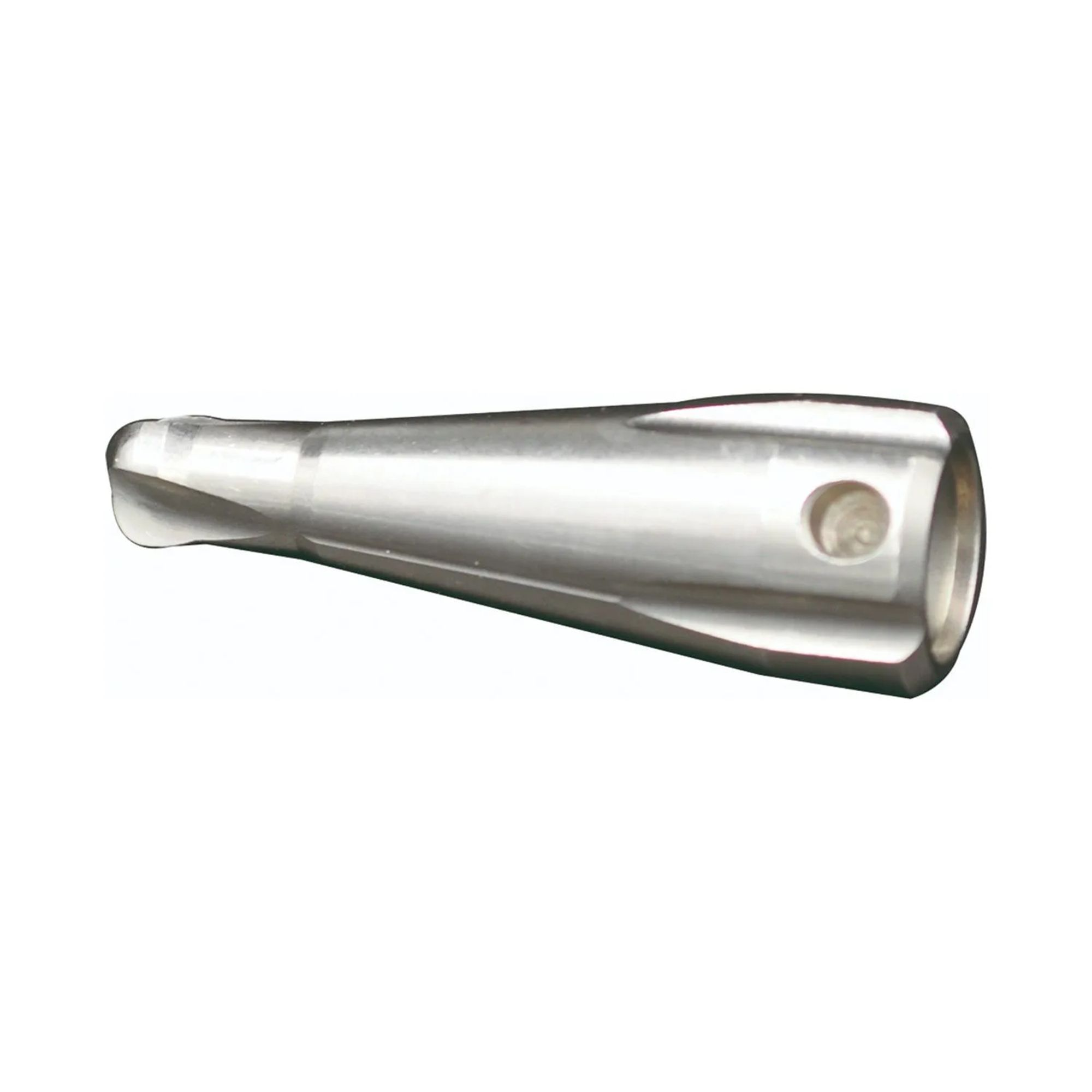Een metalen boor met een schuine punt en een rond gat.