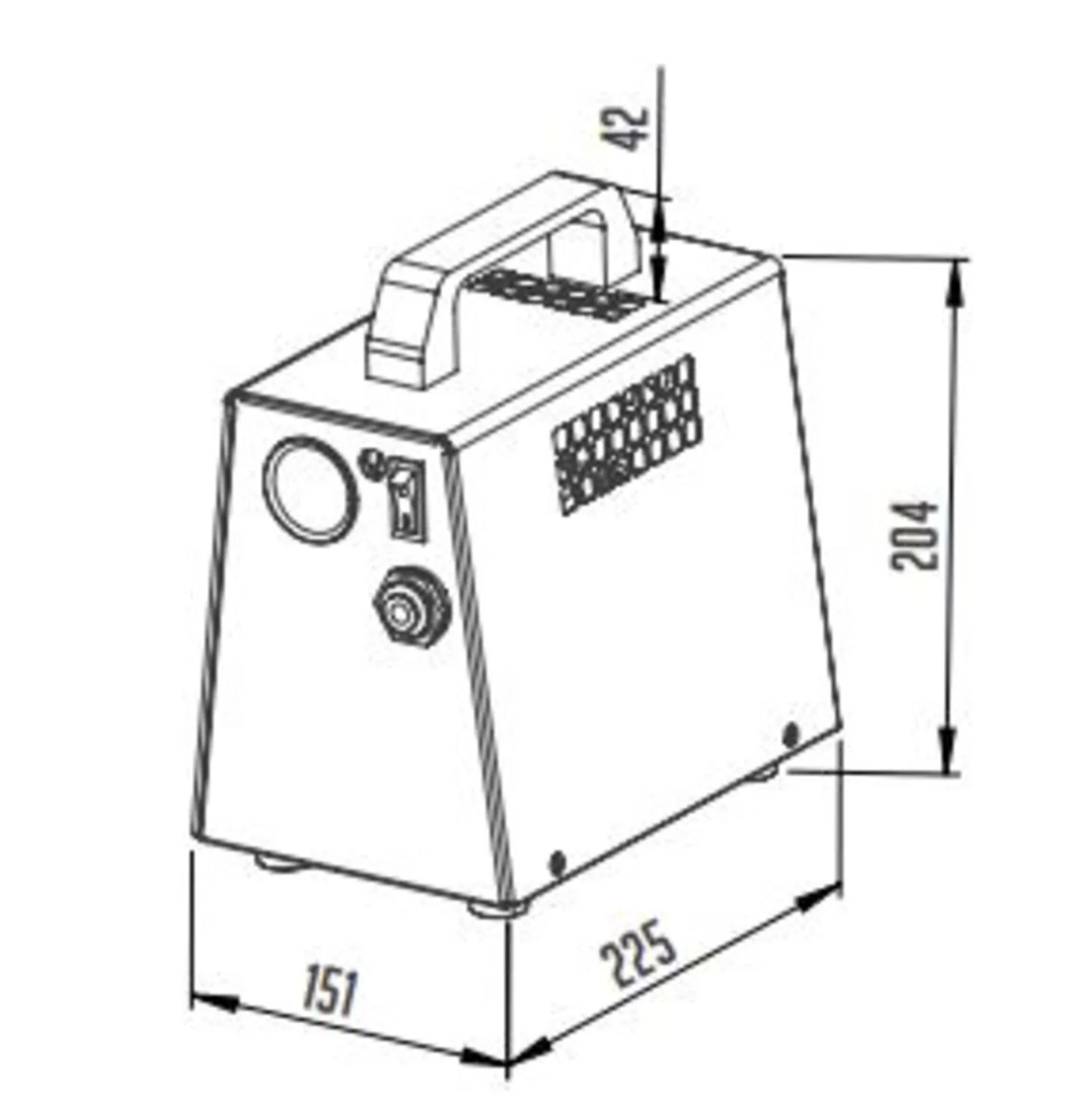 Technische Zeichnung einer Nebelmaschine mit Maßen 151, 225, 204, 42.