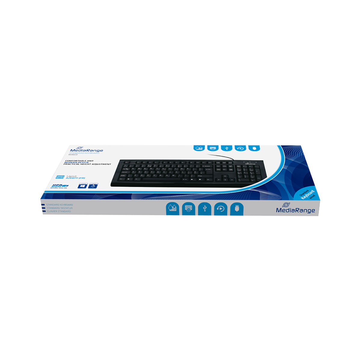 Teclado negro MediaRange con conexión USB, en embalaje con iconos.