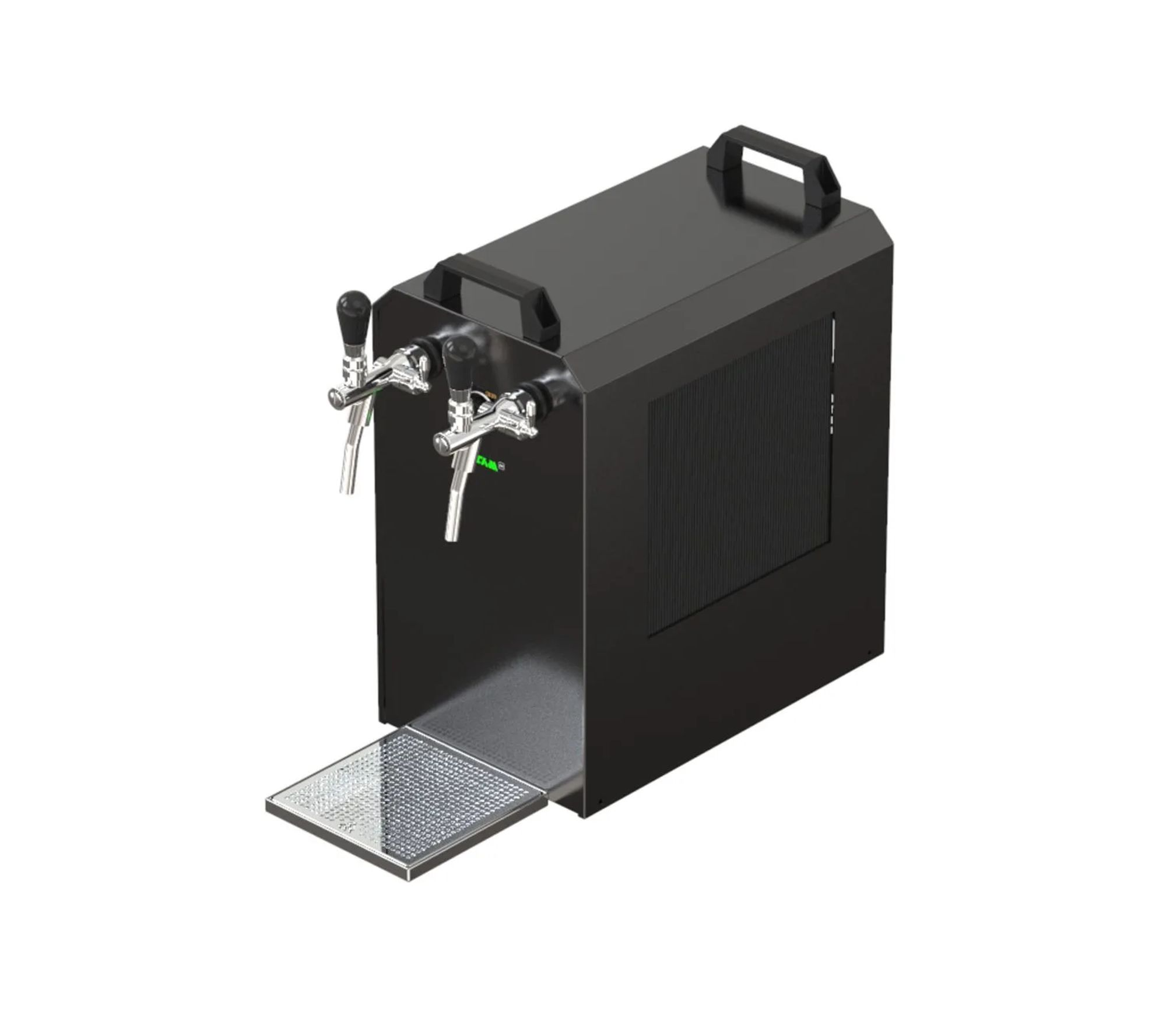 Schwarzer Zapfautomat mit zwei Zapfhähnen, Tragegriffen und Tropfschale.