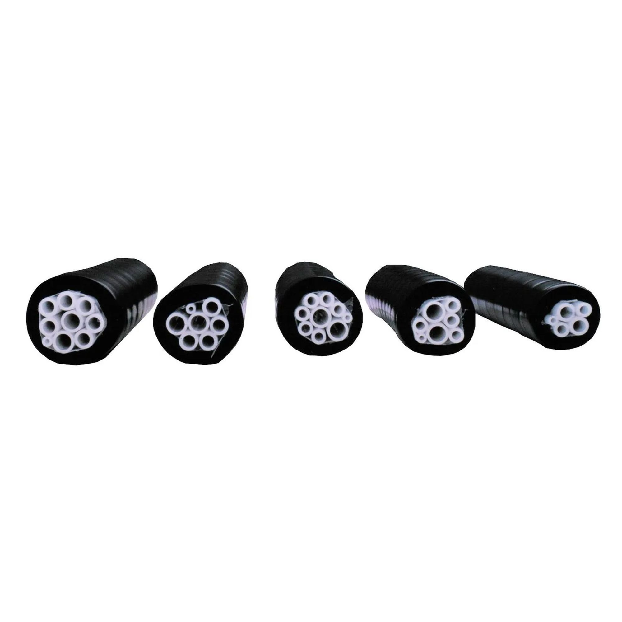 Five black cable cross-sections with white tubes inside on a white background.