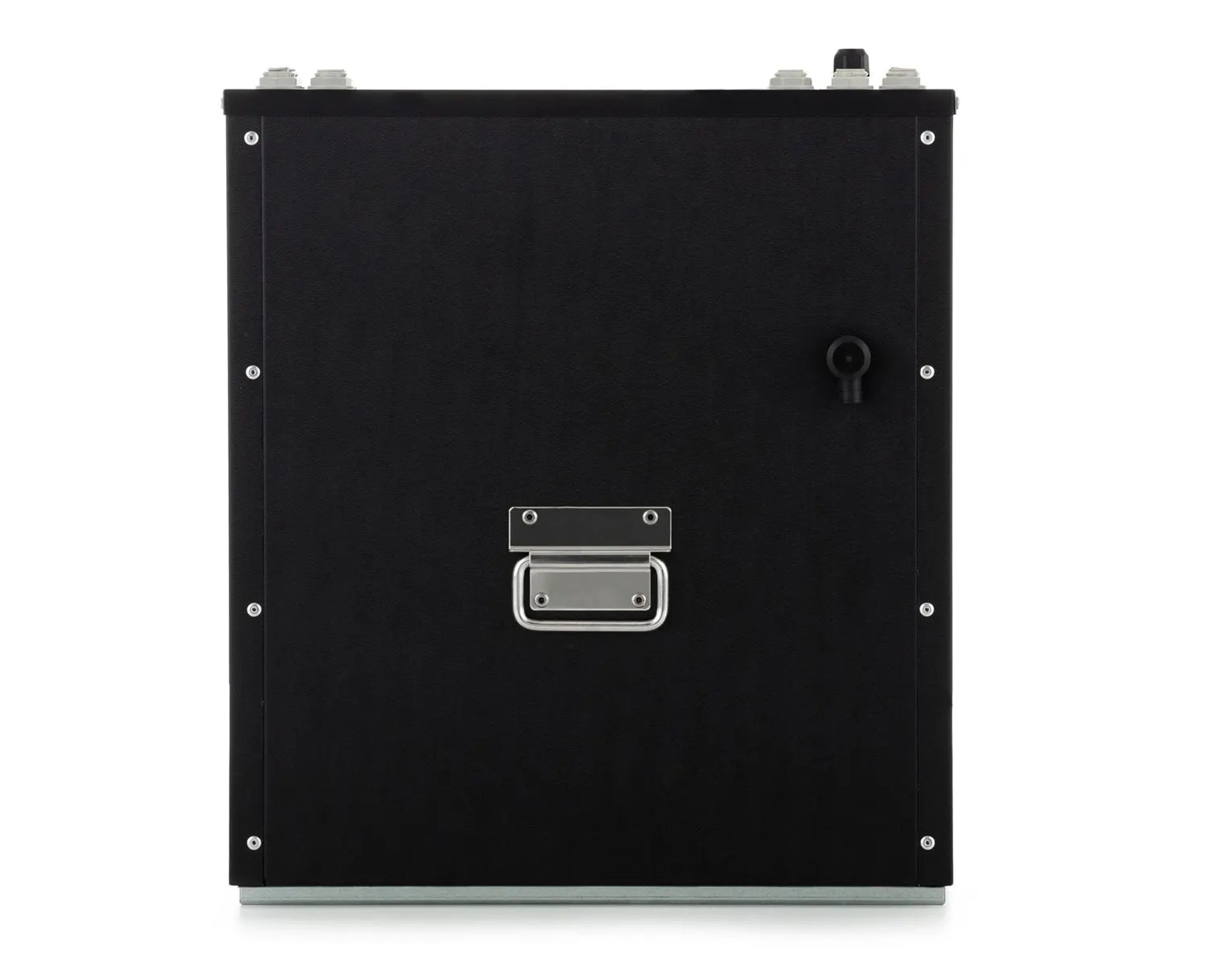 Black box with handle and twist latch. White background.