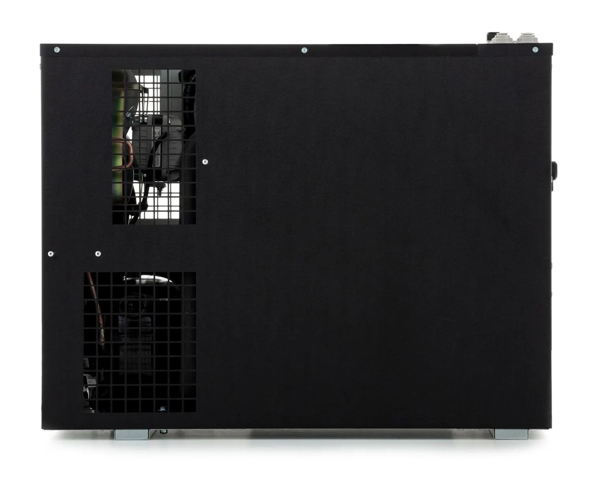 Black enclosure with ventilation grilles and visible internal components.