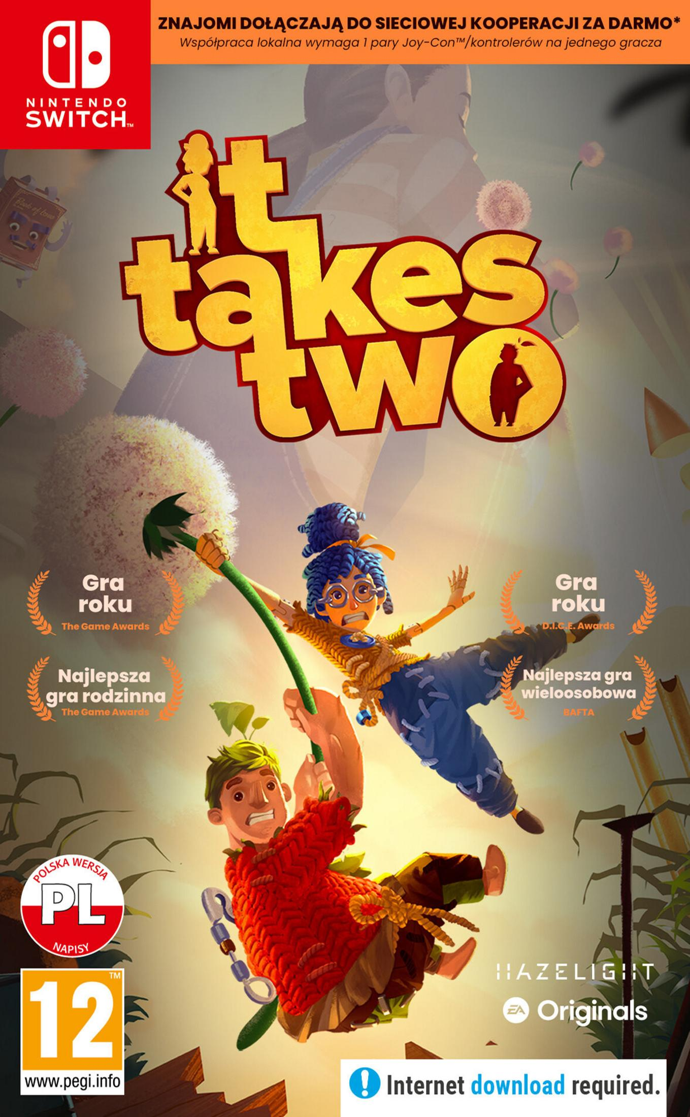 Okładka gry „It Takes Two” na Nintendo Switch przedstawia dwie postacie wiszące na dmuchawcu.