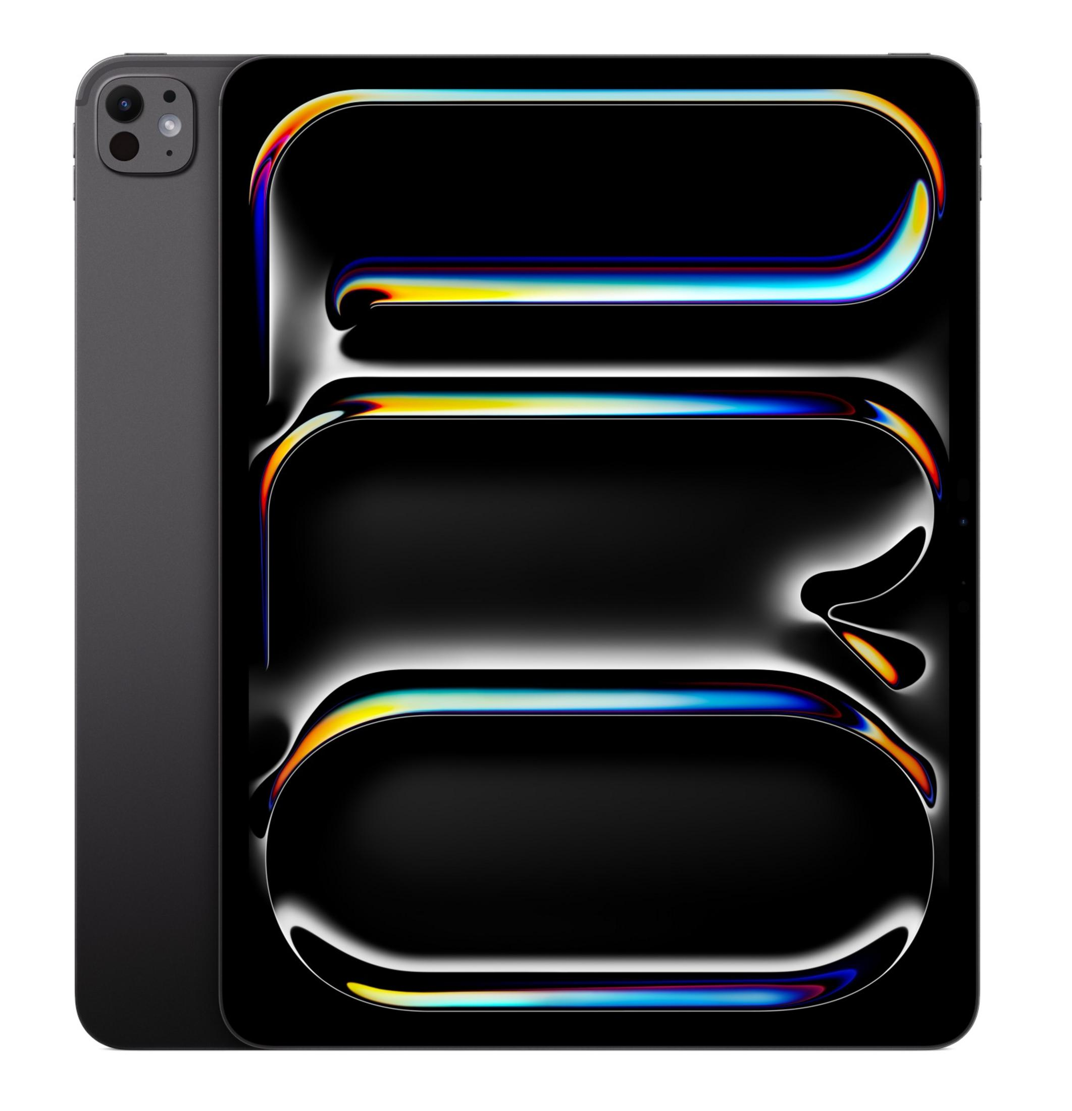 Un tablet scuro con uno schermo di sfondo astratto e colorato.