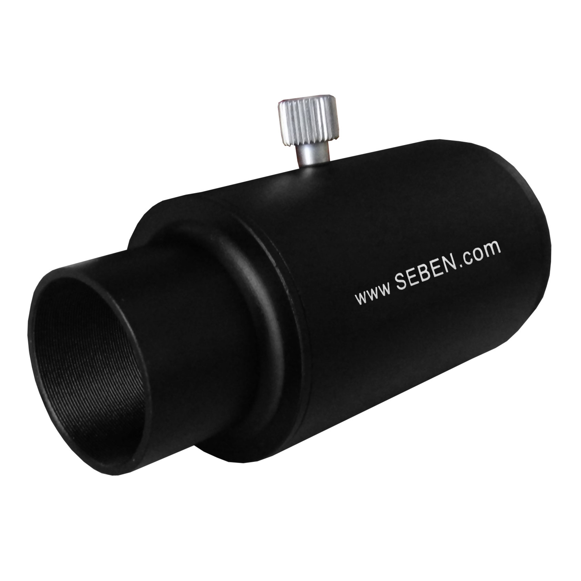 Ein schwarzer Adapter mit einem silbernen Rändelrad und der Webadresse www.SEBEN.com.