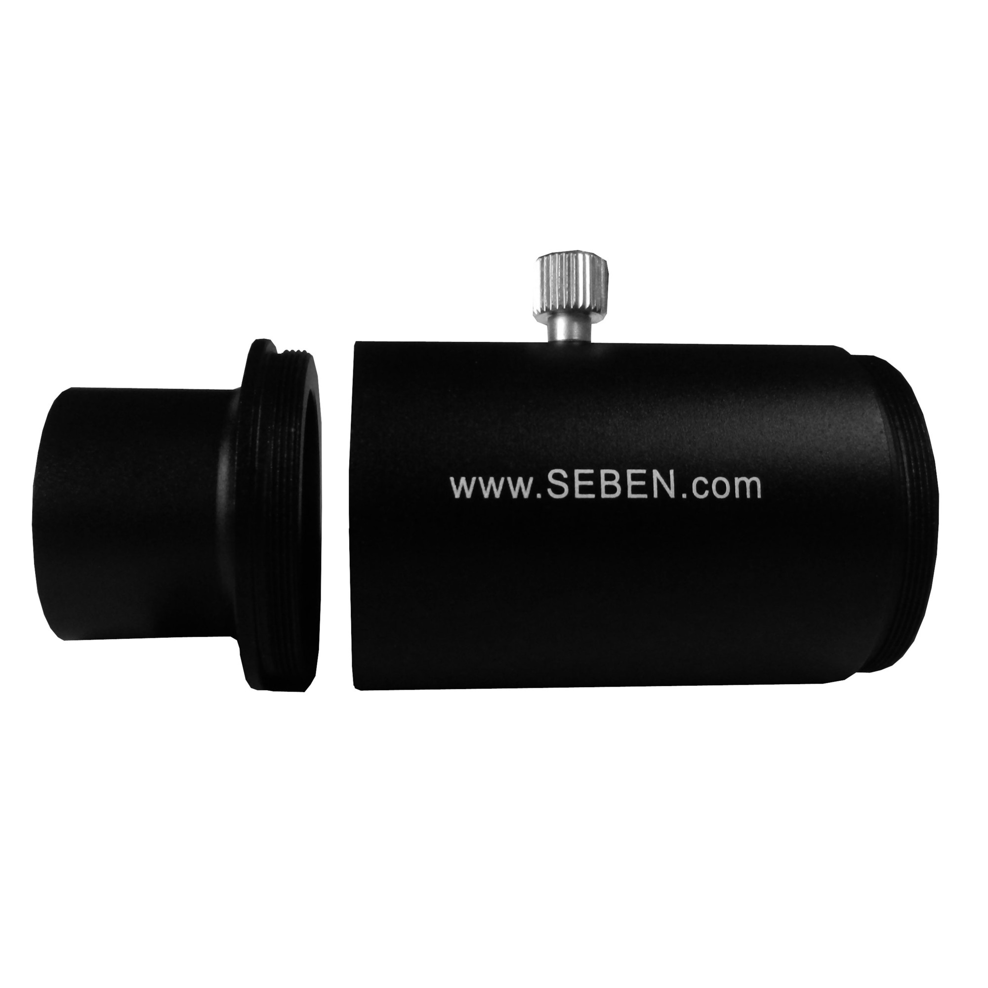 Zwei schwarze Metalladapter mit Gewinde, einer mit einem Rändelrad und www.SEBEN.com.