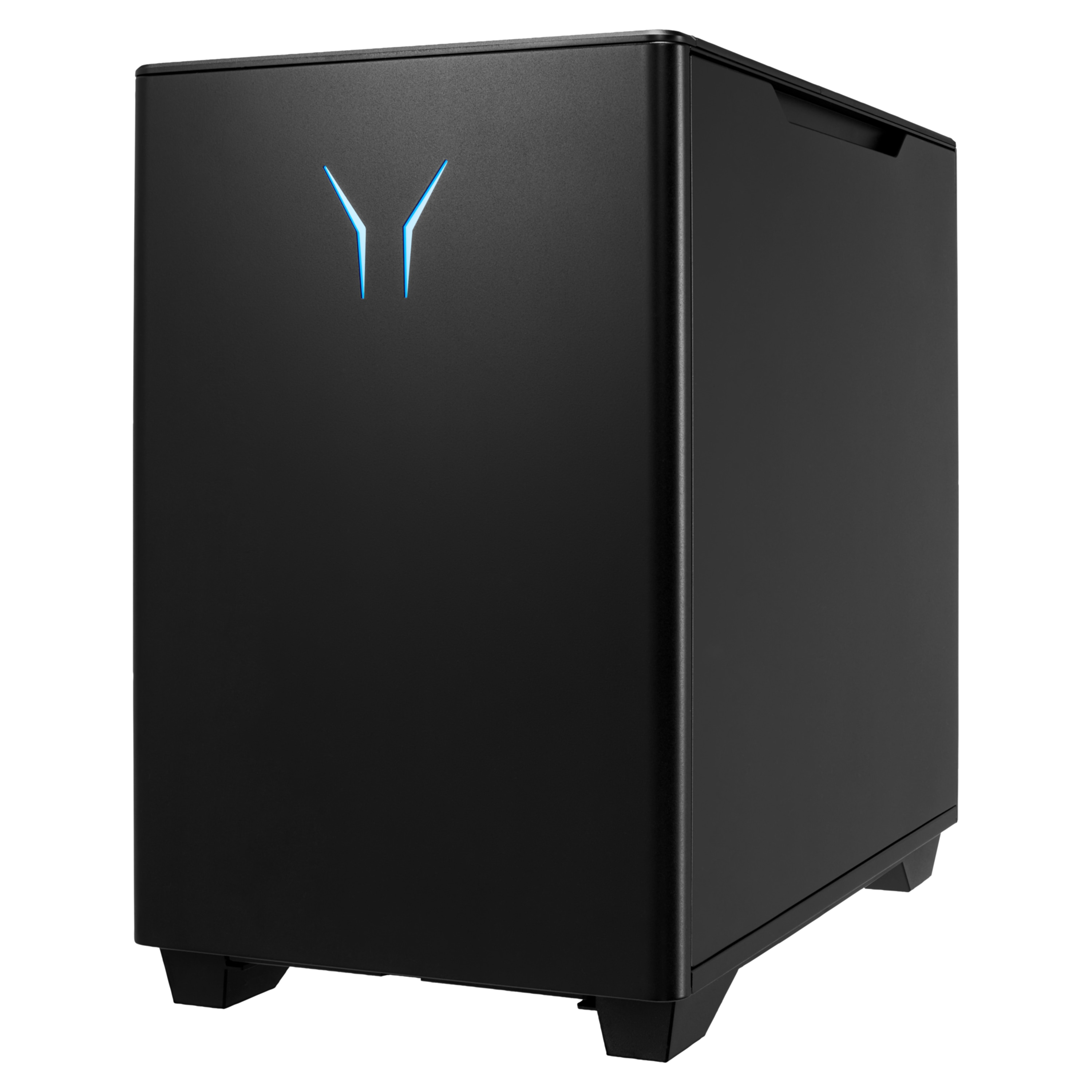 Case del computer nero con logo blu e illuminazione.