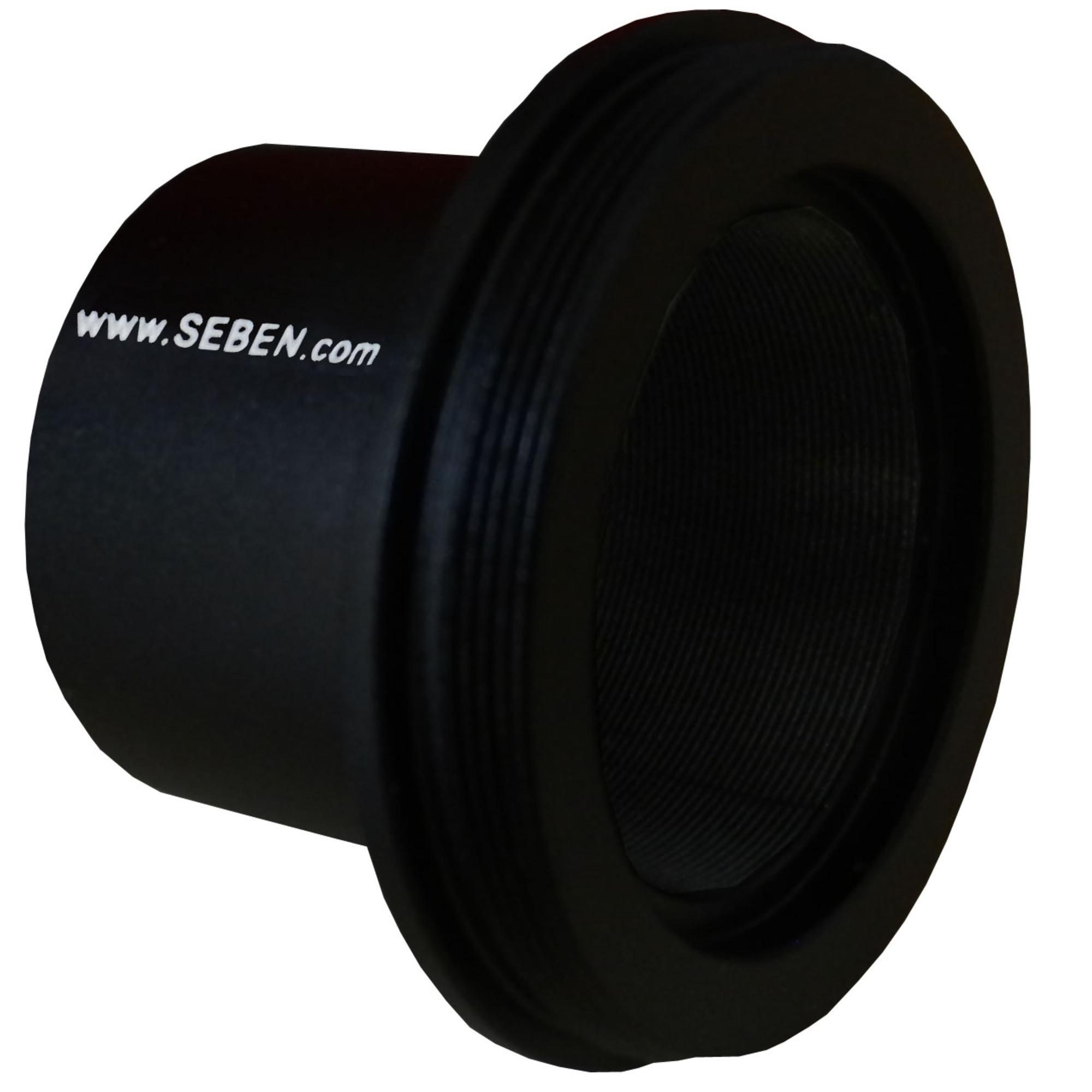 Schwarzer Adapter mit www.SEBEN.com Aufschrift und Gewinde.