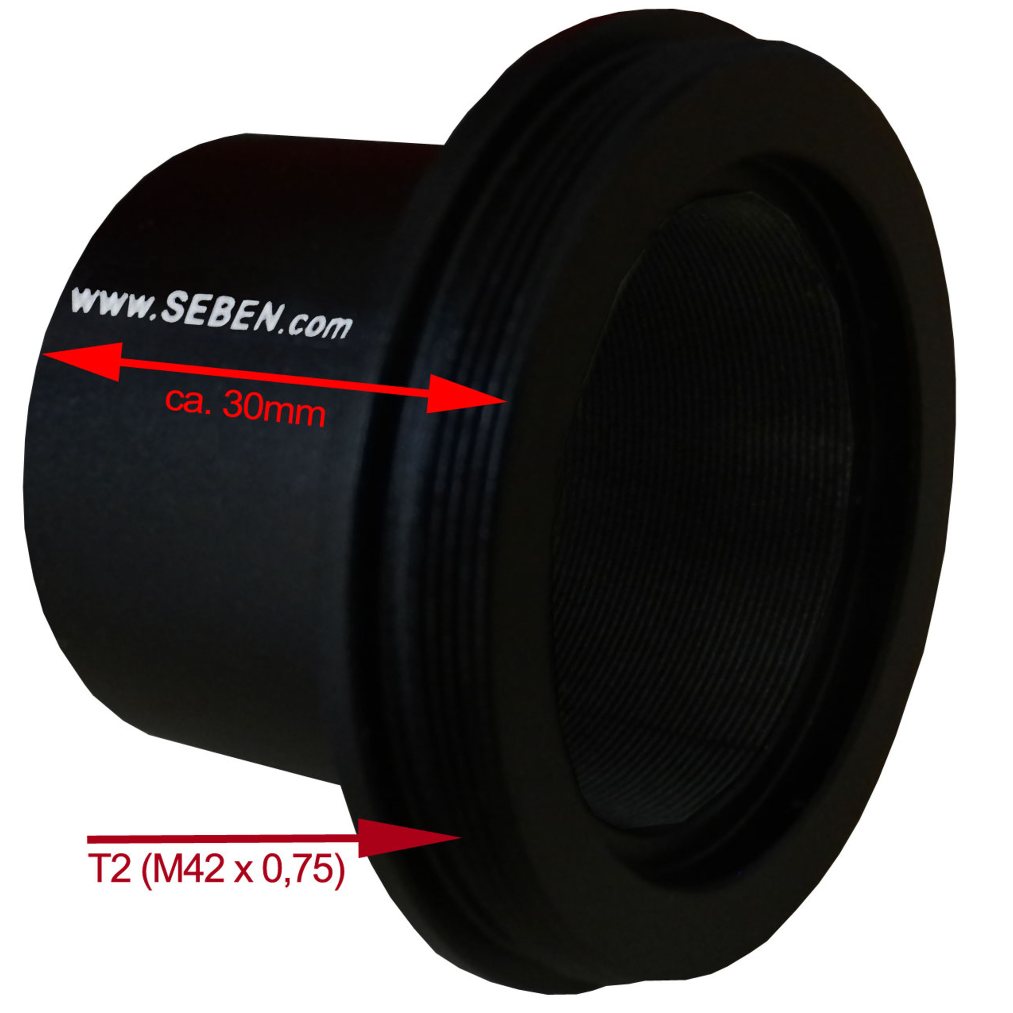 Schwarzer Adapter mit Gewinde, ca. 30mm lang, T2 (M42 x 0,75).