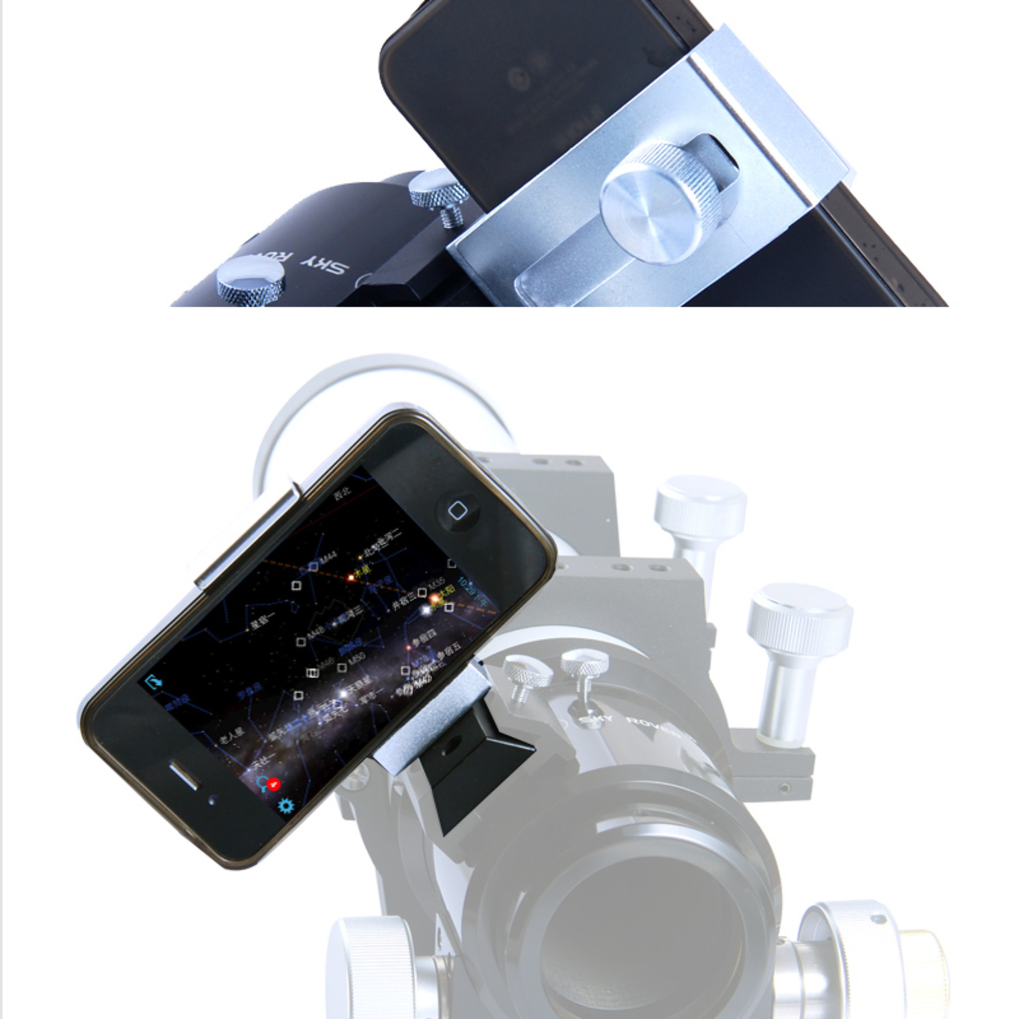 Ein Smartphone mit einer Sternenkarte-App ist an einem Teleskop befestigt.