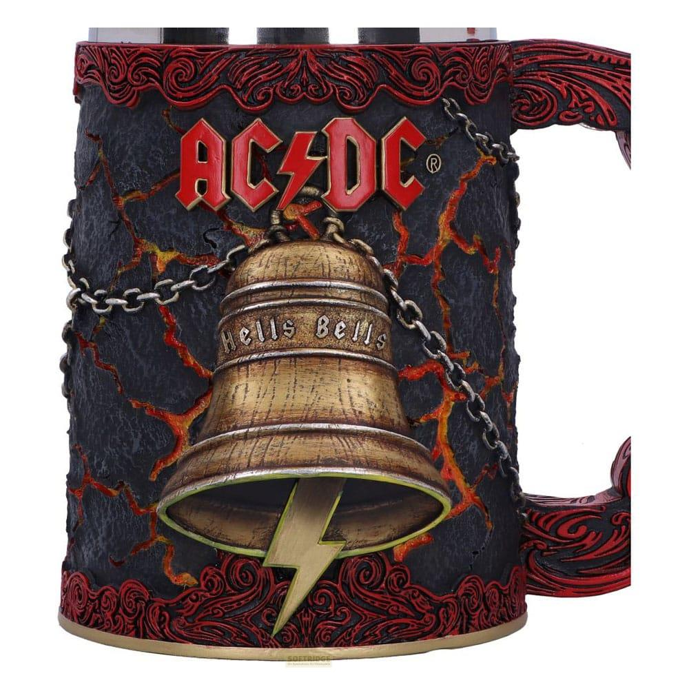 AC/DC Becher mit Glocke, Blitz und Kettenmotiv auf schwarzem Grund.