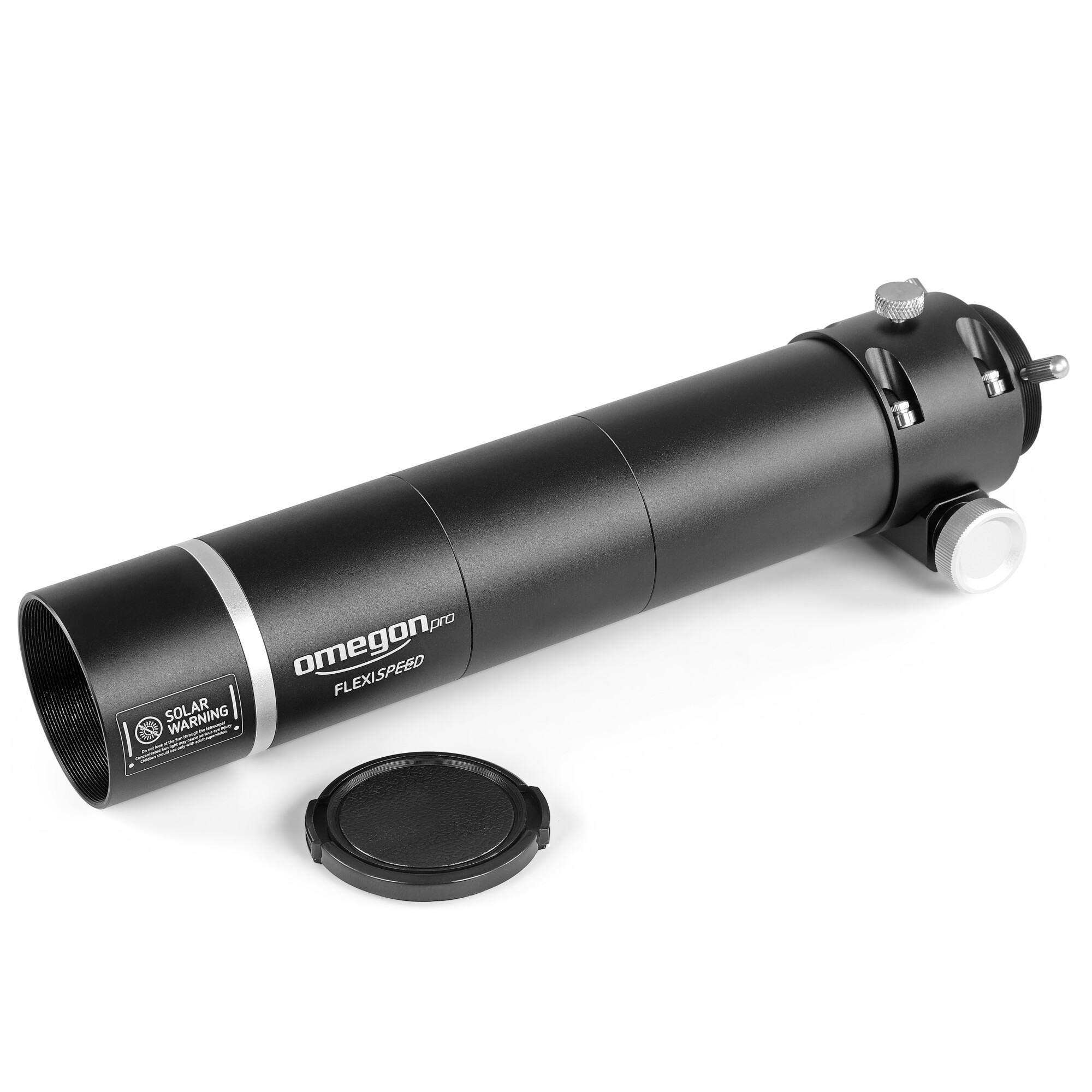 Schwarzes Teleskop mit silbernem Ring, Solar-Warnaufkleber und Kappe.
