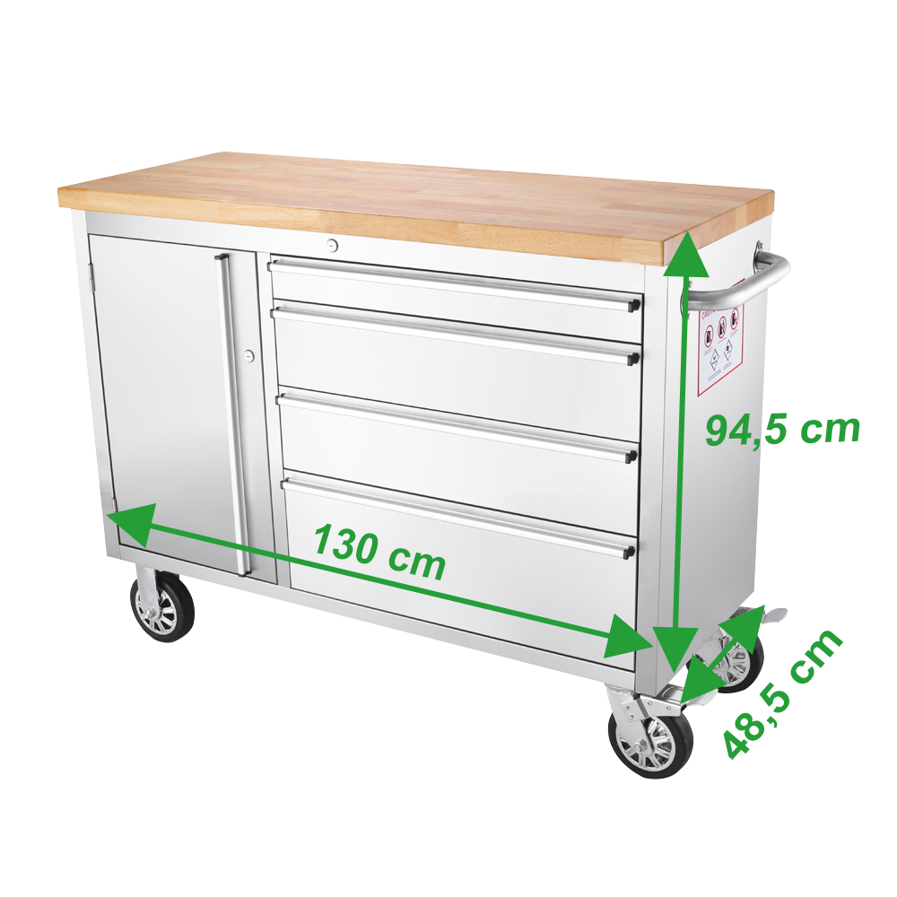 Ein silberner Werkzeugwagen mit Holzplatte, Schubladen und Rädern.