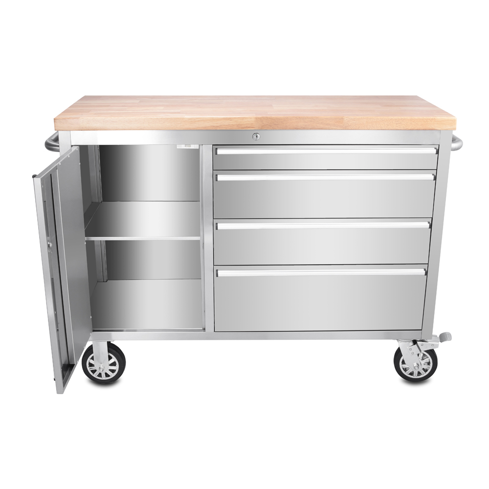 Ein metallener Werkzeugwagen mit Holzplatte, offener Tür und Schubladen.