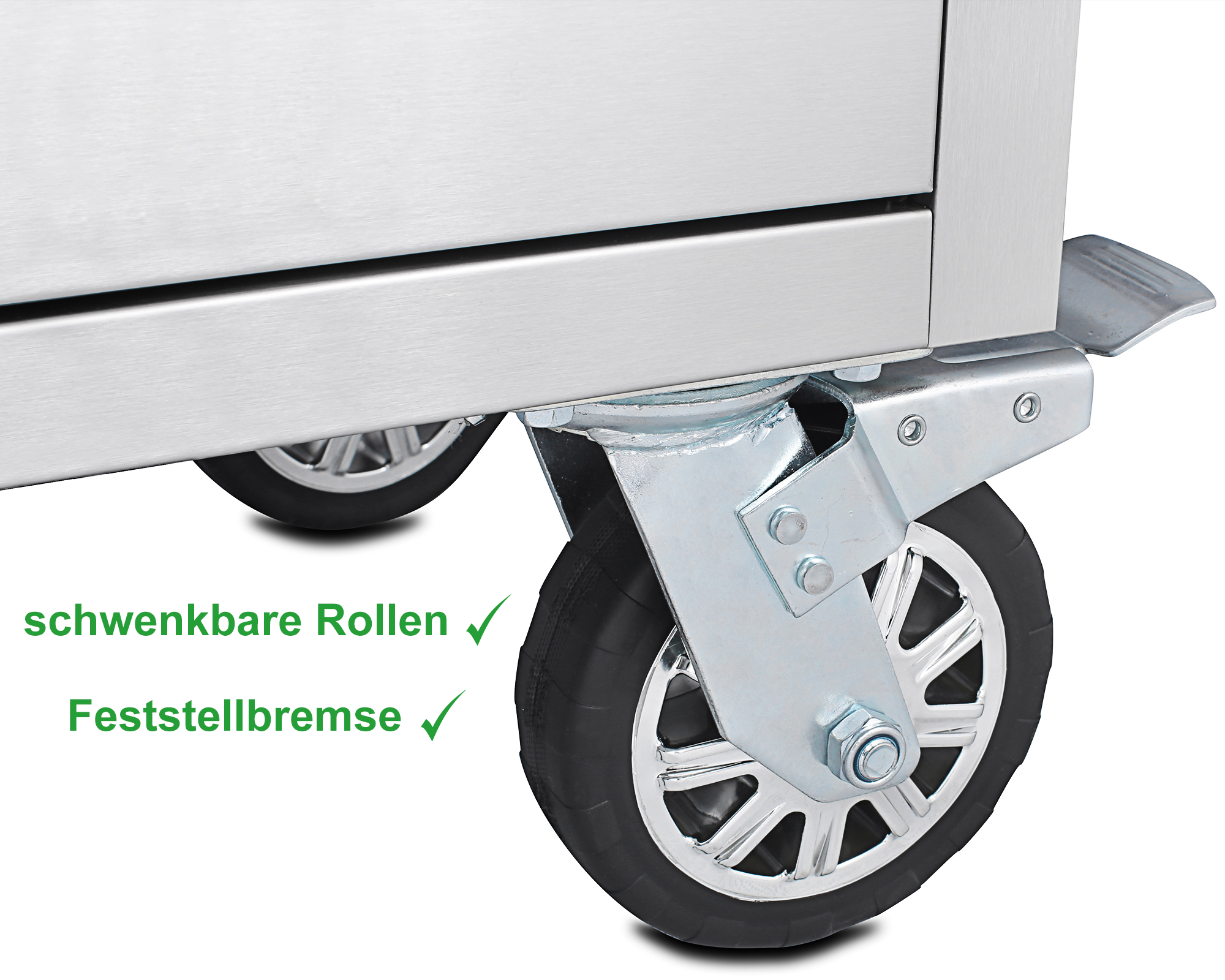 Schwenkbare Rollen und Feststellbremse an einem Metallwagen.
