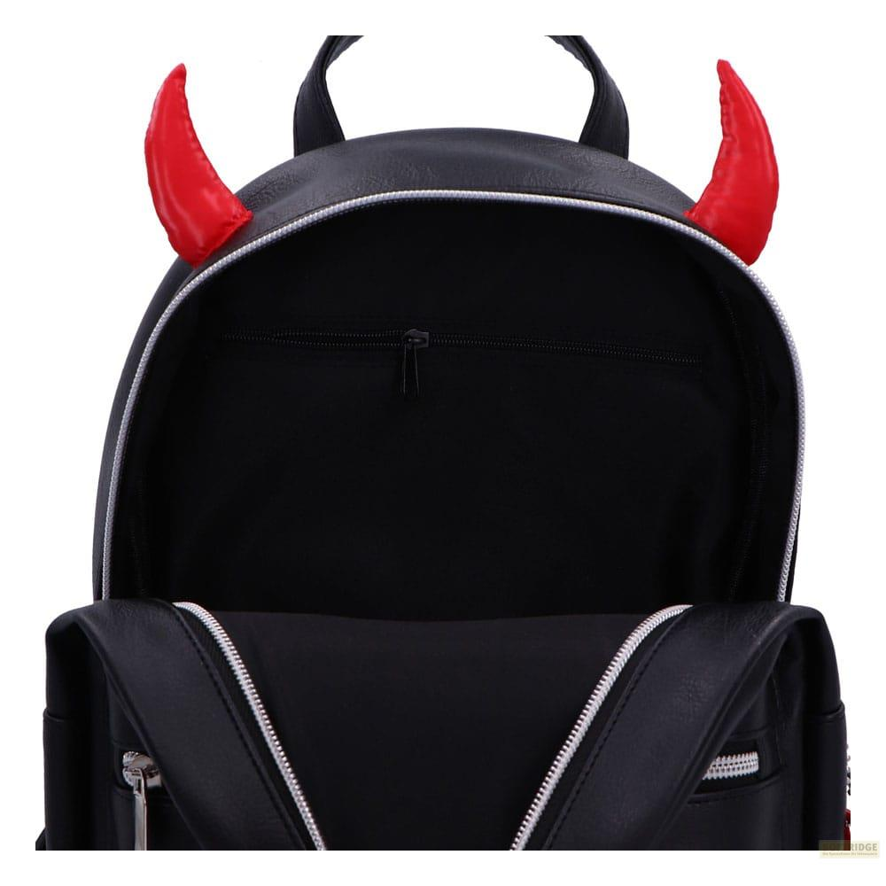 Schwarzer Rucksack mit roten Teufelshörnern und silbernen Reißverschlüssen.