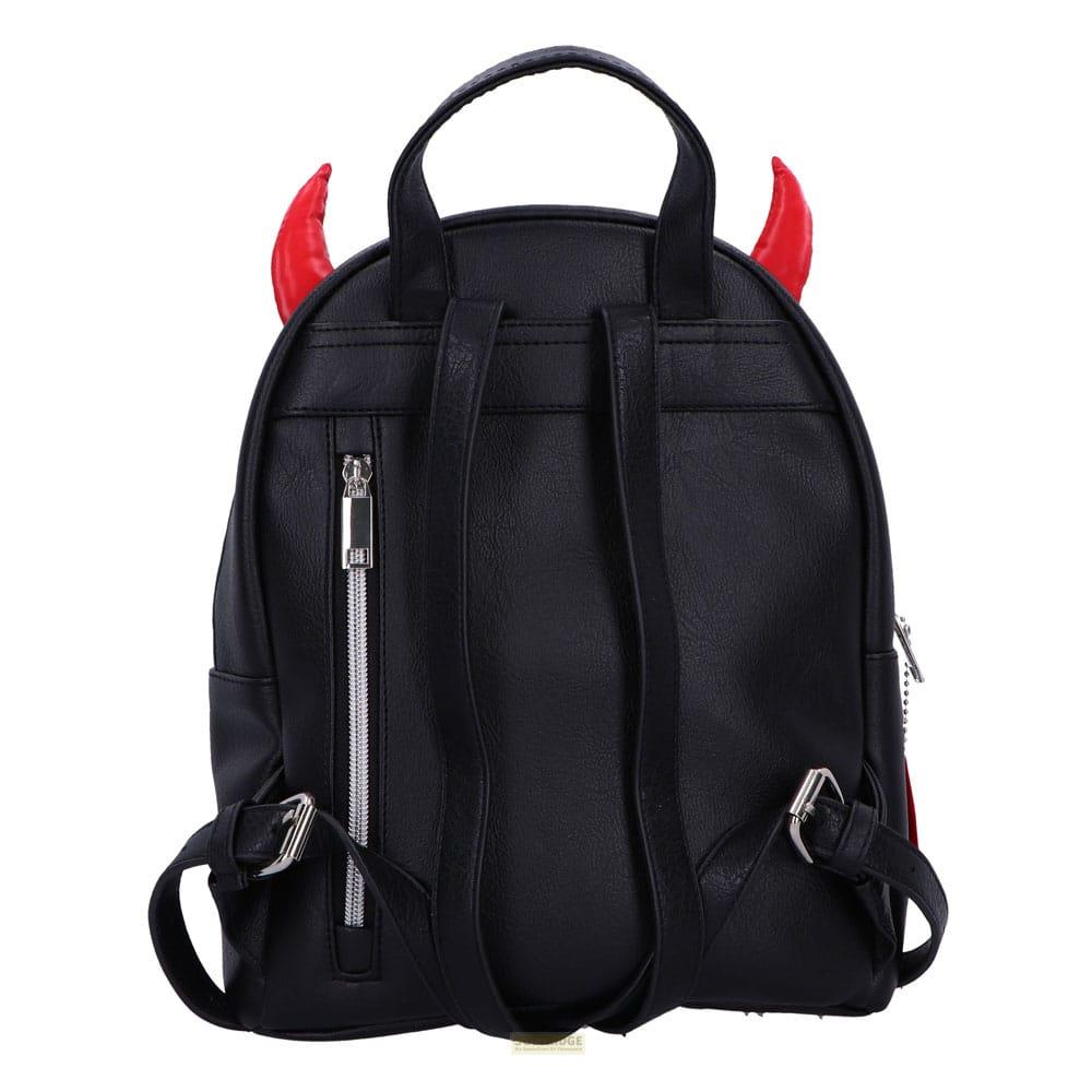 Schwarzer Rucksack mit roten Teufelshörnern oben, silbernem Reißverschluss.