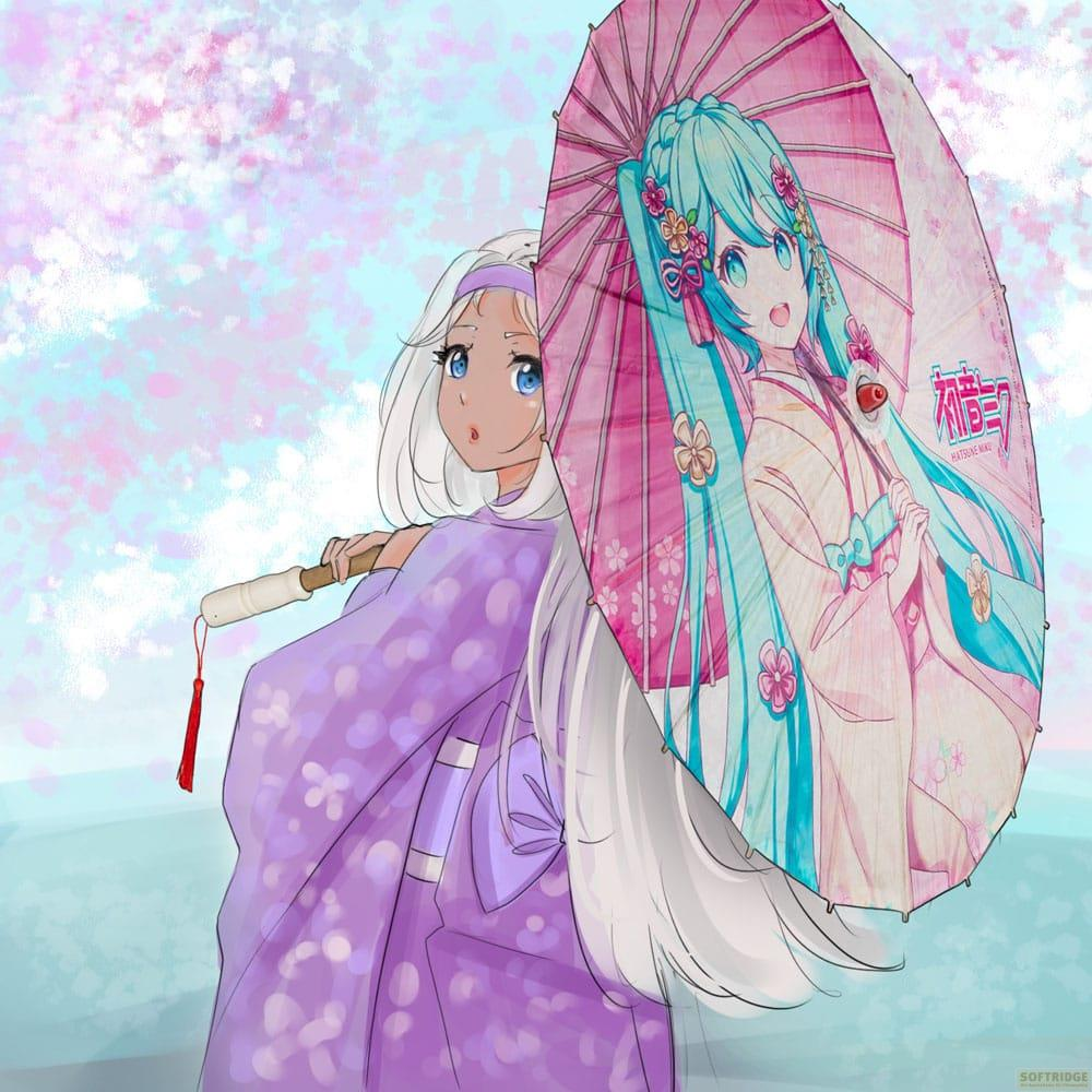 Zwei Anime-Mädchen in Kimonos, eines hält einen Schirm mit Miku-Motiv.