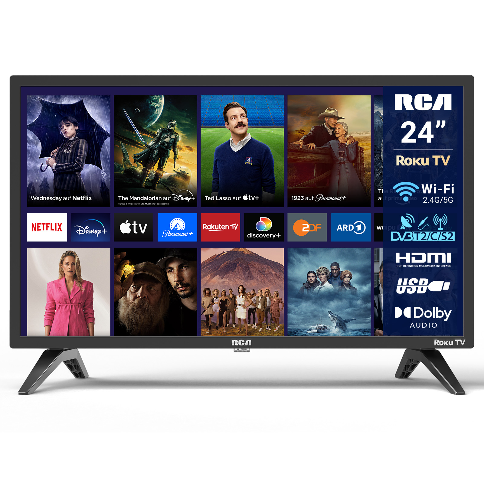 Ein 24-Zoll-RCA-Roku-TV mit verschiedenen Streaming-Apps und Anschlusssymbolen.