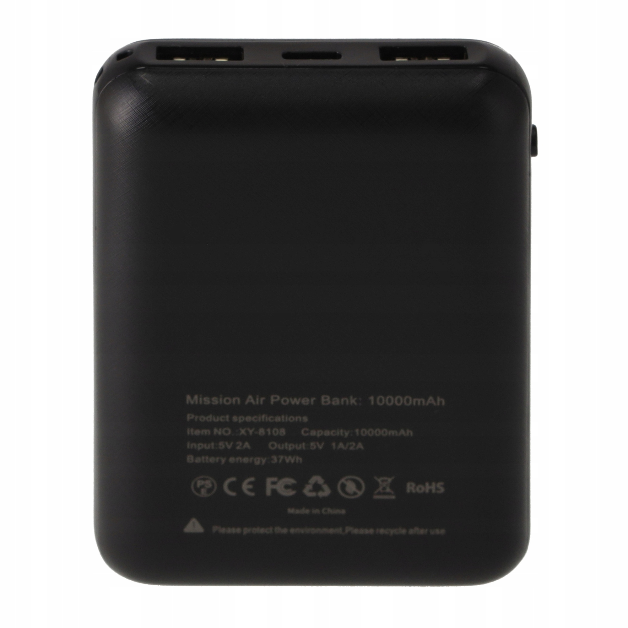 Czarny power bank 10000mAh z portami USB i specyfikacjami.