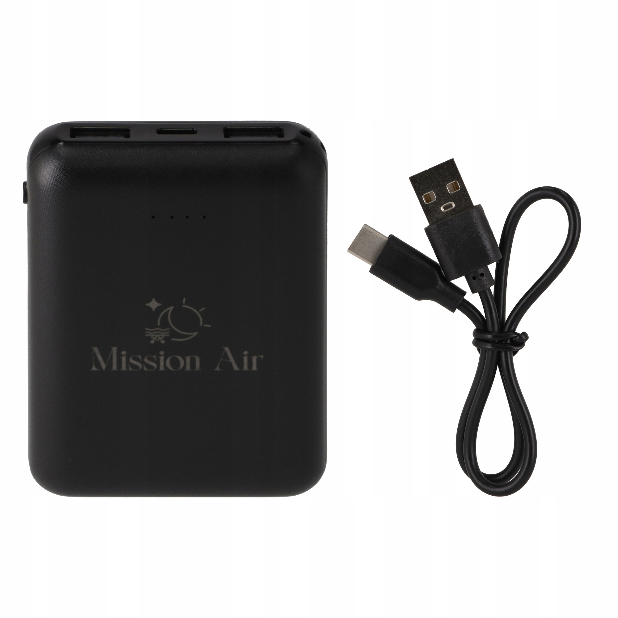 Czarny powerbank z kablem USB i złączem USB-C.