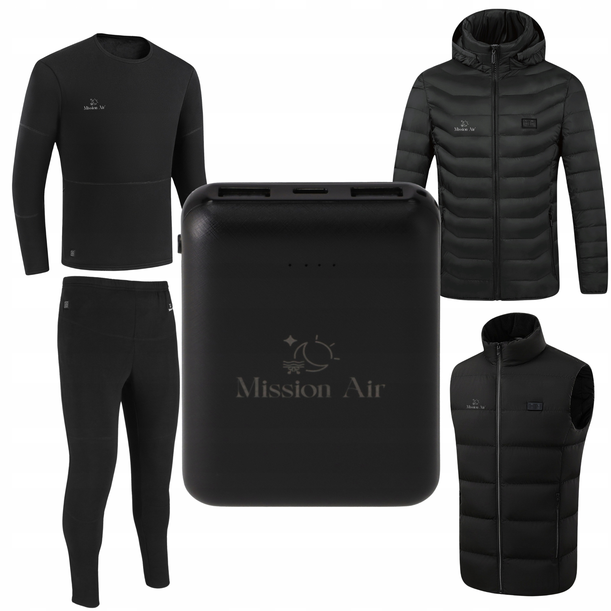 Czarna odzież podgrzewana: bluzka, spodnie, kamizelka, kurtka i powerbank.