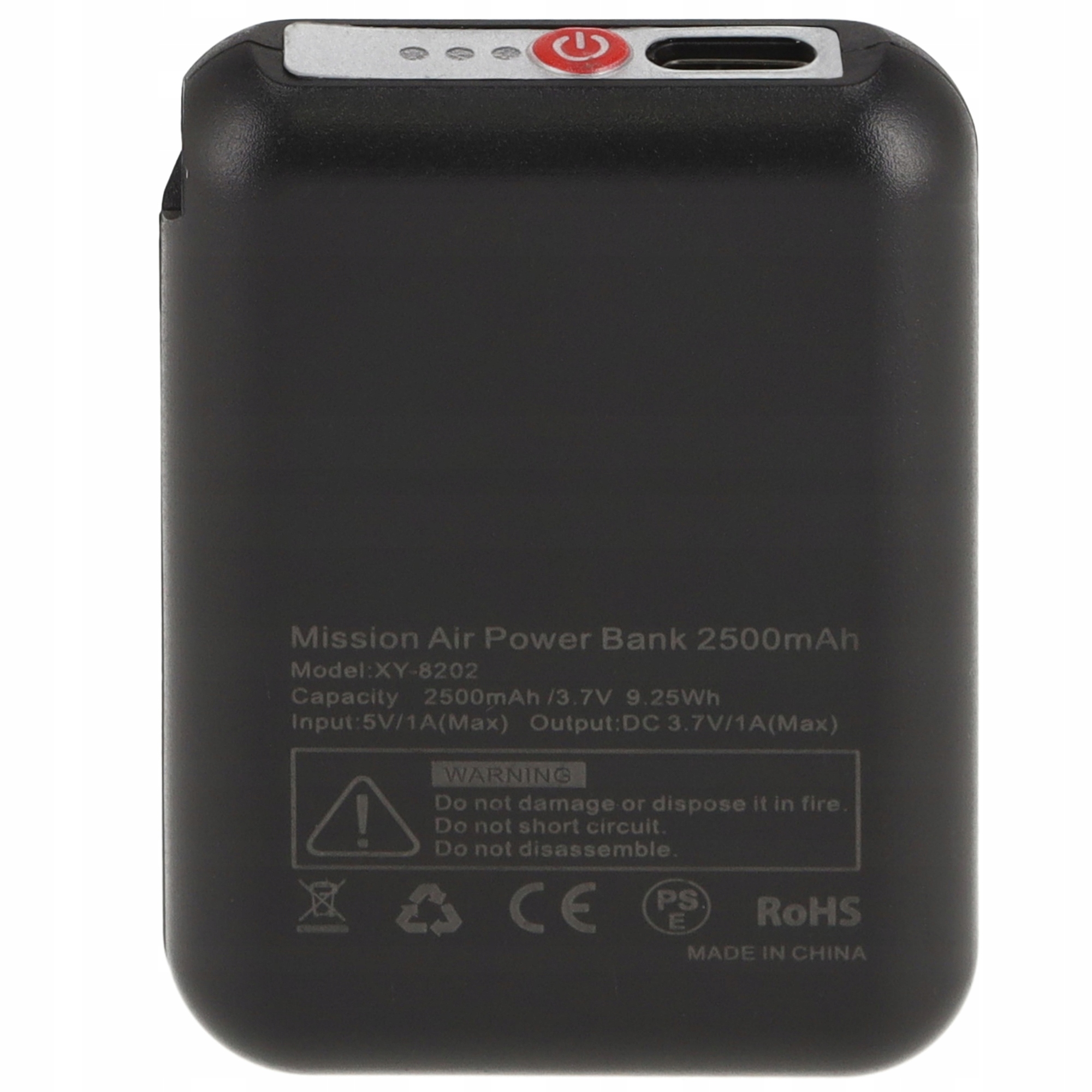 Czarny power bank ze wskaźnikami ładowania, przyciskiem zasilania i portem USB.